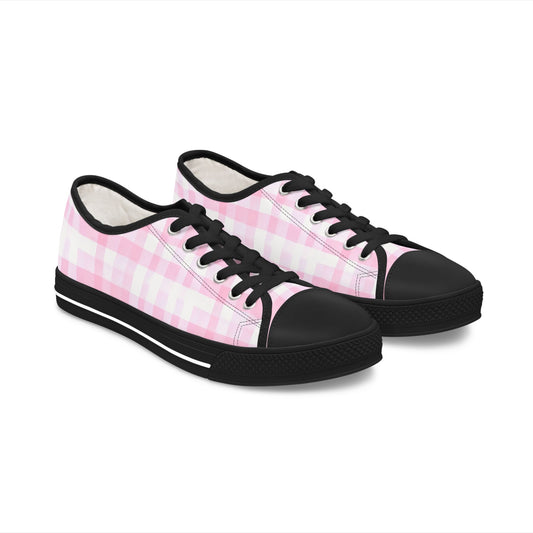 Pink Gingham Low Top Sneakers - Women's Casual Canvas Shoes