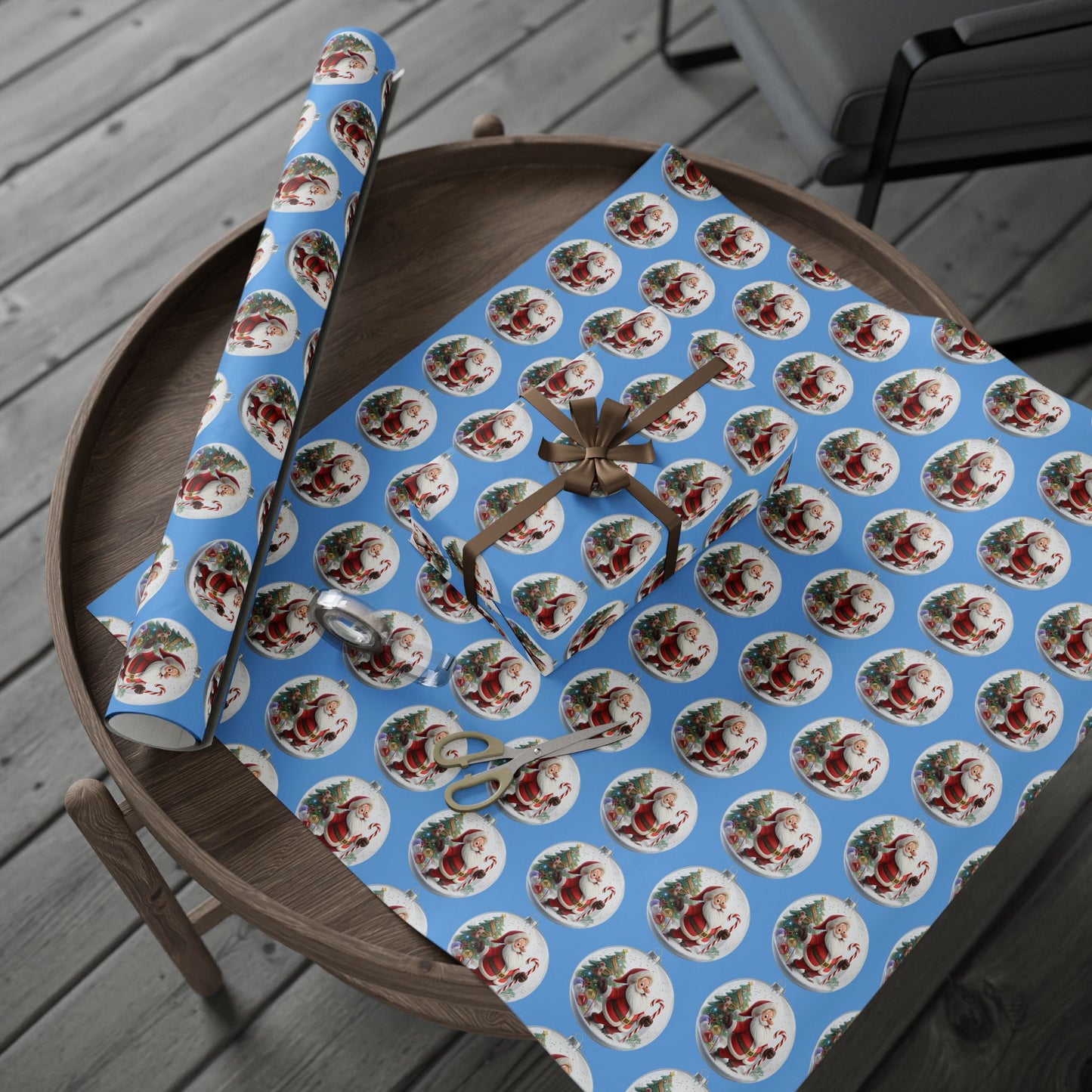 Santa Ornament Pattern Wrapping Paper – Blue Christmas Gift Wrap Roll
