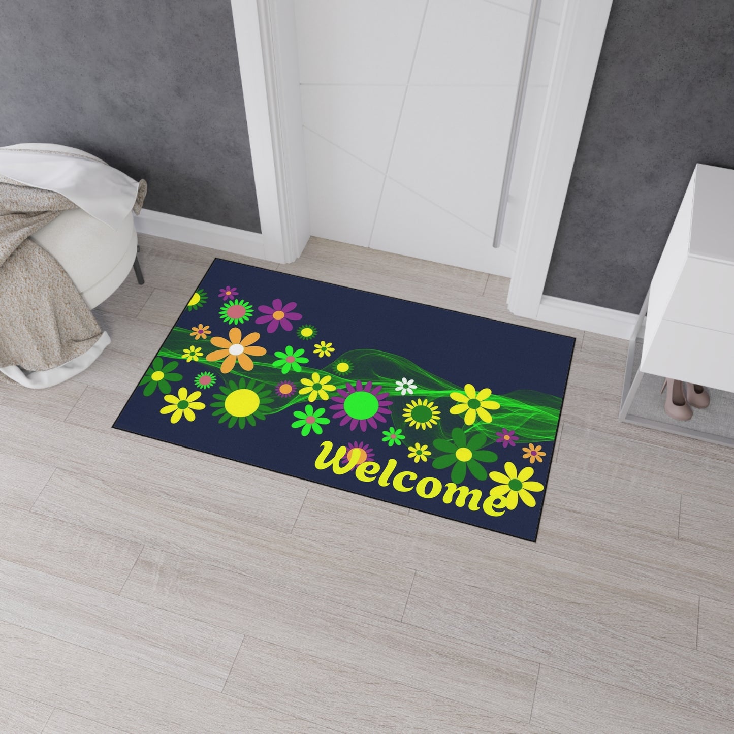 Welcome Floral Heavy-Duty Floor Mat — Colorful Spring Flowers Door Mat