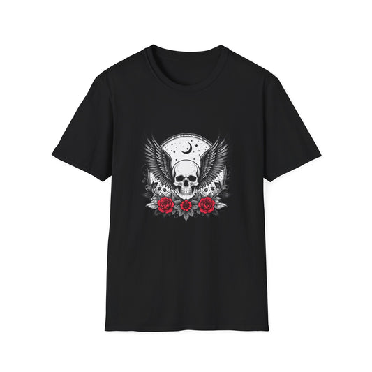 Skull Wings T‑Shirt – Crescent Moon & Red Roses Gothic Graphic Tee