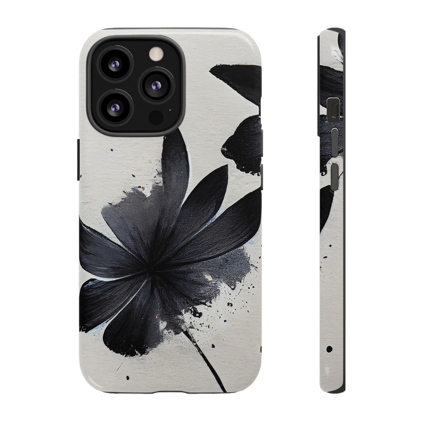 Monochrome Floral Tough Phone Case — Black Ink Flower Protective Cover