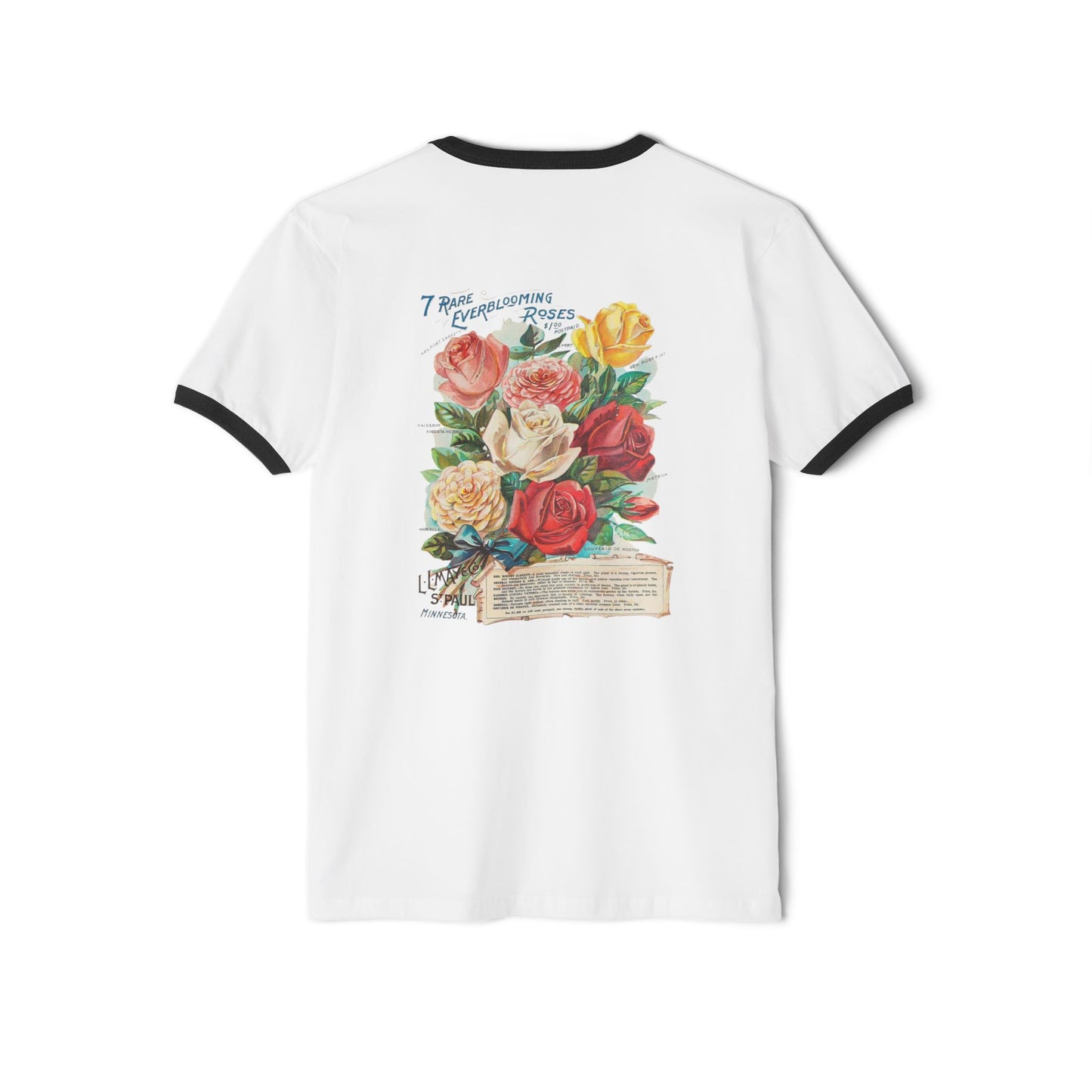 Vintage Floral Ringer Tee – '7 Rare Ever-Blooming Roses' Retro Bouquet Graphic