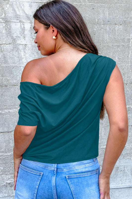 Blue Sapphire Plus Size Solid Color Asymmetric Neck Short Sleeve Blouse
