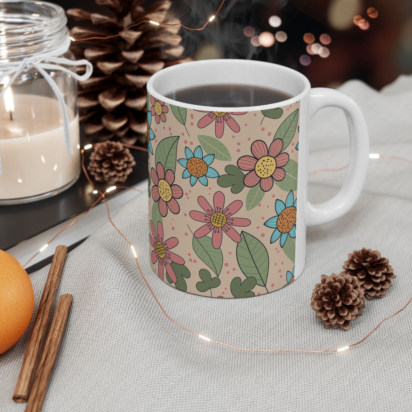 Floral Doodle Ceramic Mug – Retro Flower Pattern Coffee Cup (11oz & 15oz)