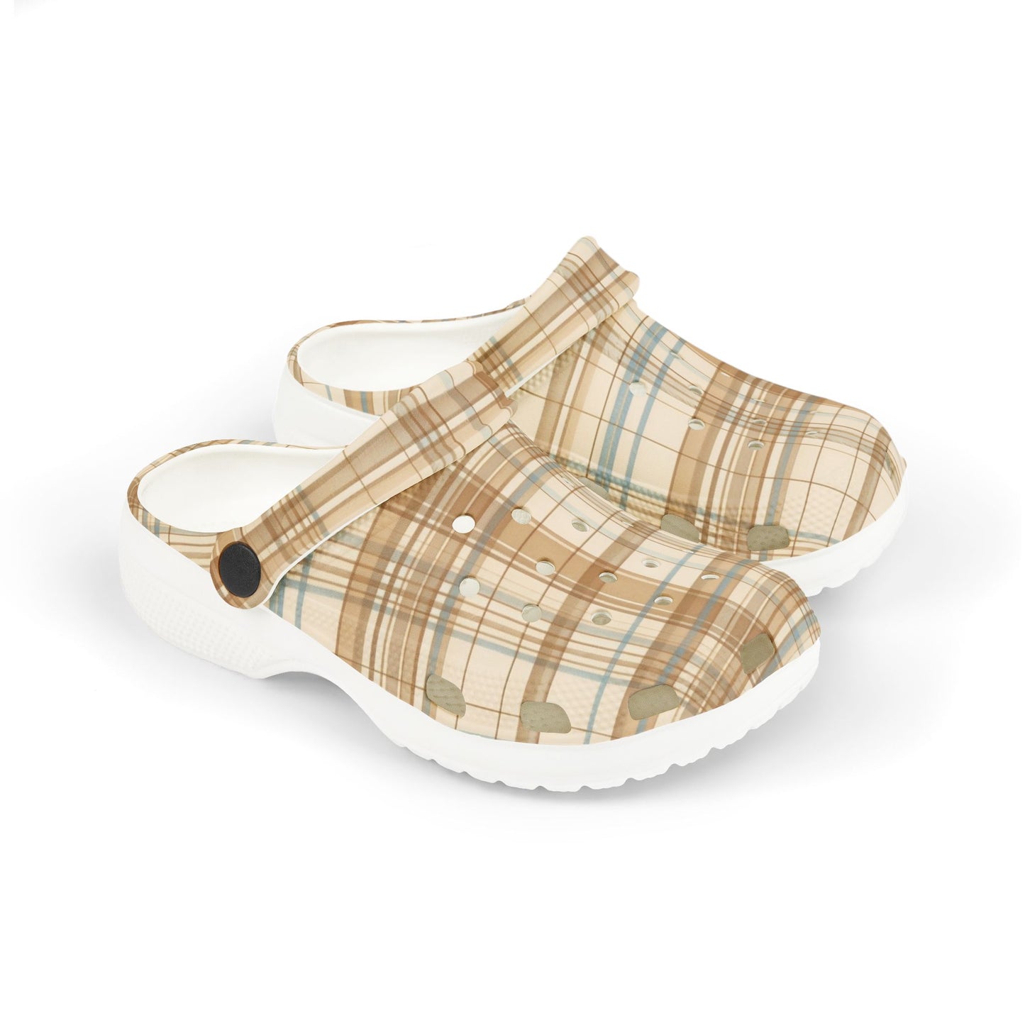 Kids Plaid Foam Clogs — Beige Blue Plaid Slip-On Sandals for Children