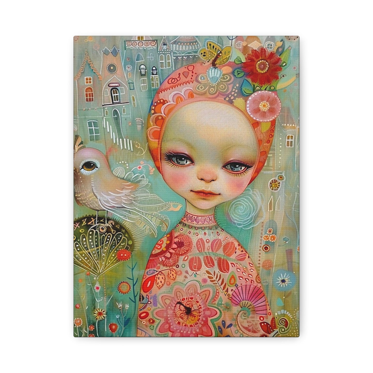 Whimsical Girl & Bird Matte Canvas Wall Art — Stretched Decorative Painting
