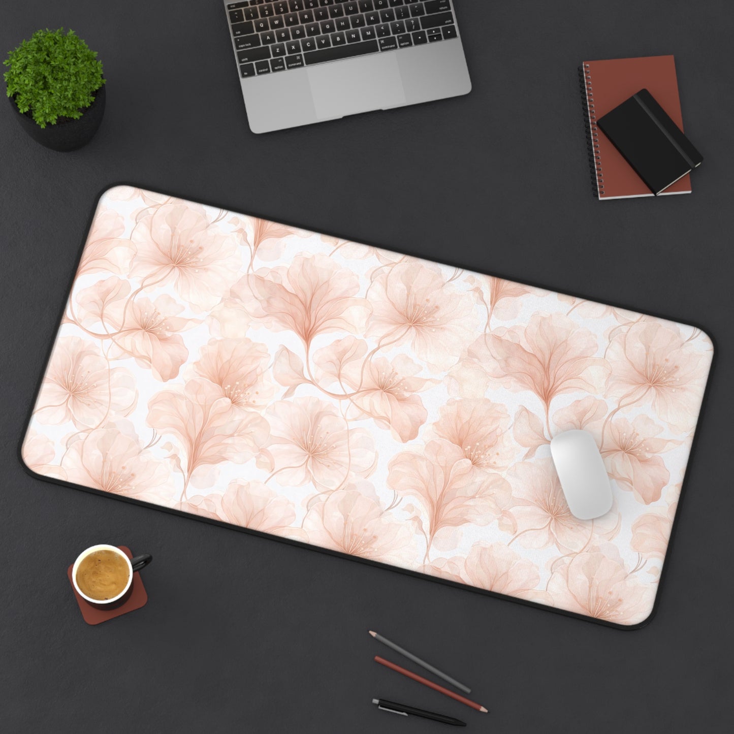 Blush Floral Desk Mat — Soft Pink Ginkgo Leaf Mouse Pad