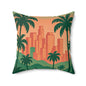 Retro Miami Skyline Pillow — Tropical Palm City Decorative Throw Pillow