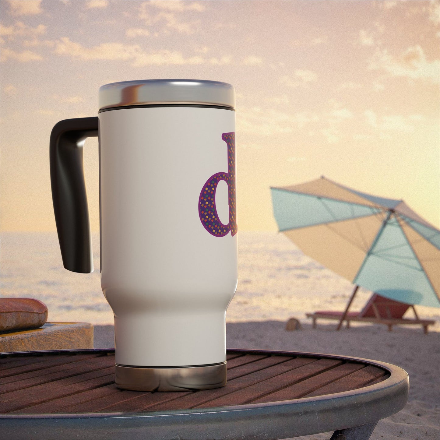 Monogram 'd' Purple Polka Dot Travel Mug – 14oz Stainless Steel with Handle