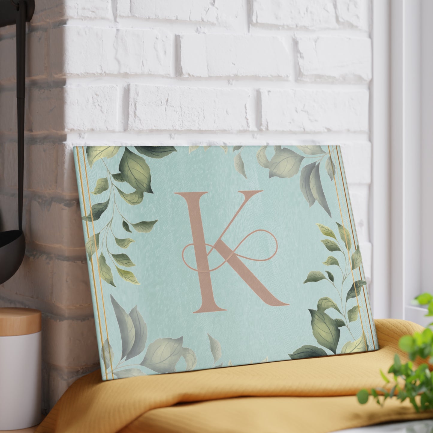 Monogram K Glass Cutting Board — Botanical Greenery Initial Kitchen Serving Board