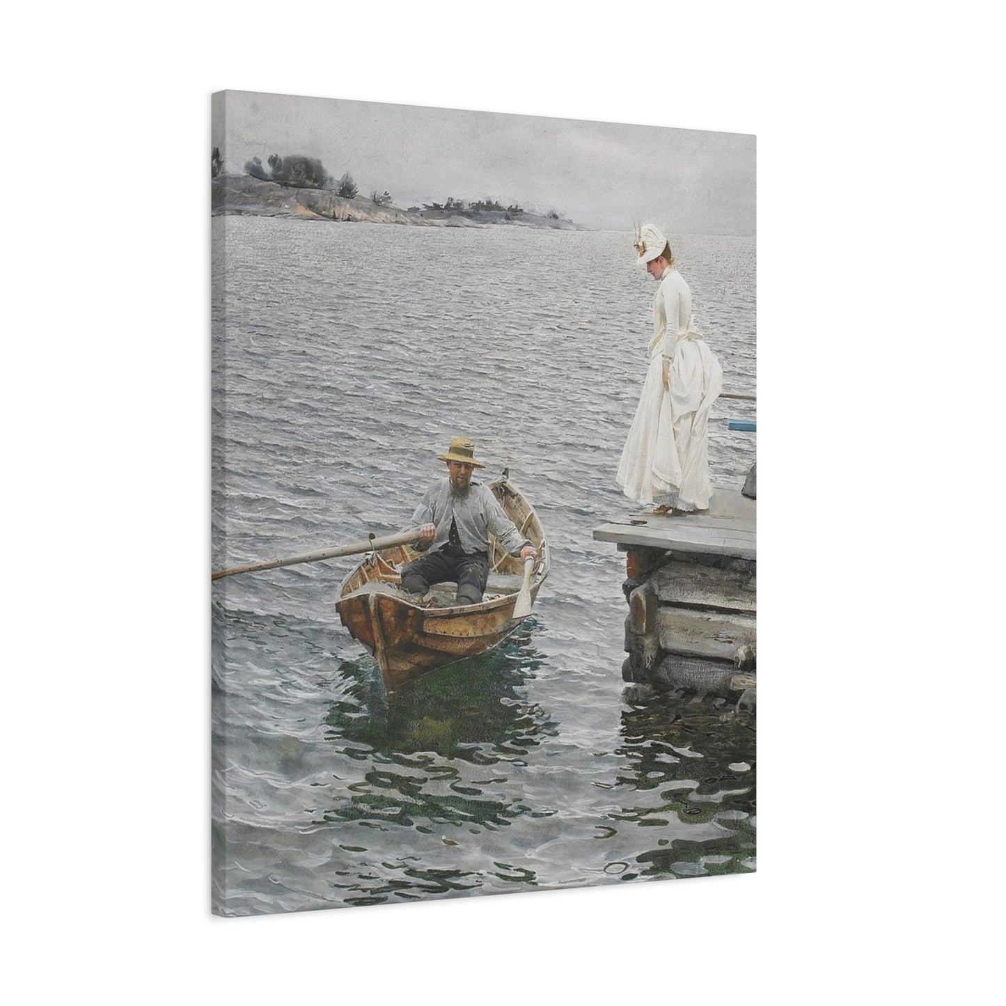 Seaside Stroll Canvas Print — Vintage Woman & Rowboat Matte Stretched Art 1.25"