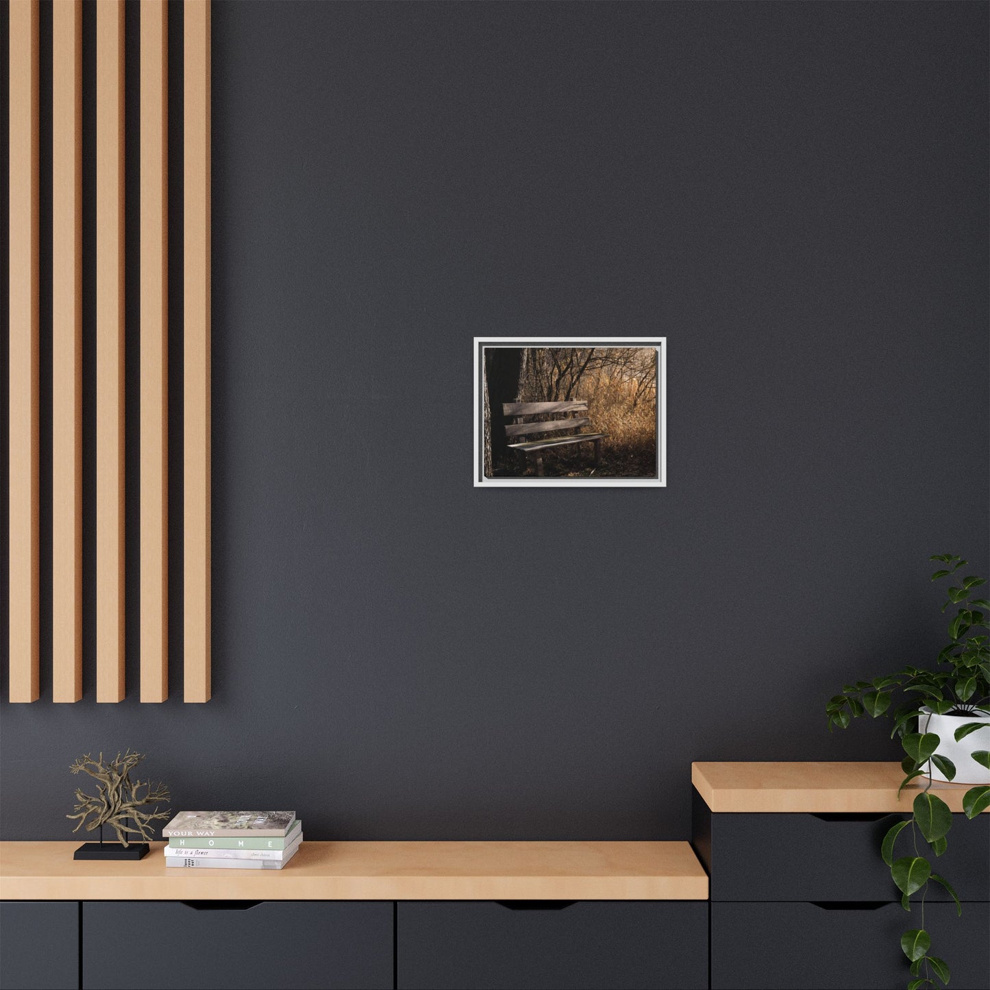 Framed Matte Canvas Print — Autumn Park Bench Photography