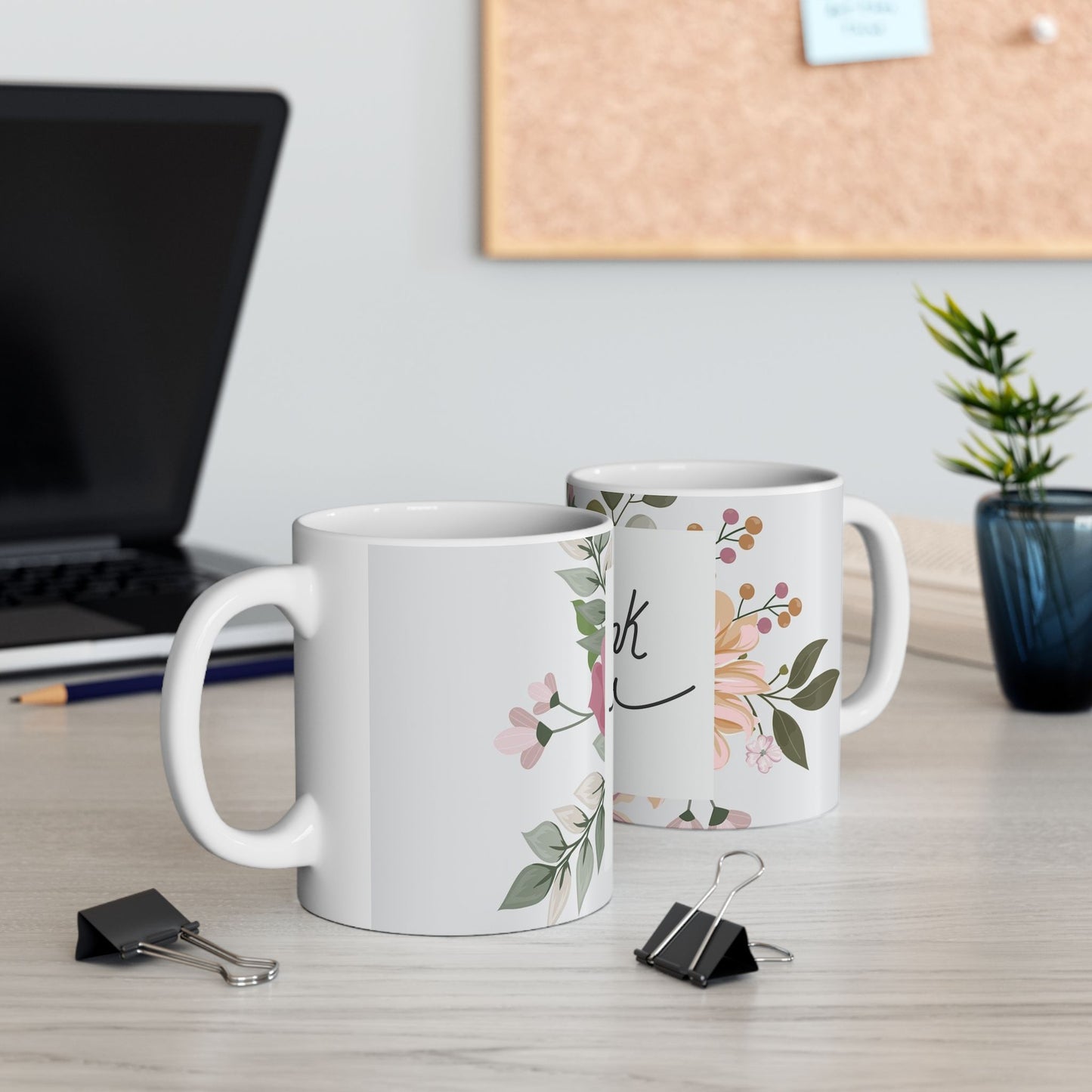 Thank You Floral Mug — Handwritten Script Ceramic Coffee Cup (11oz & 15oz)