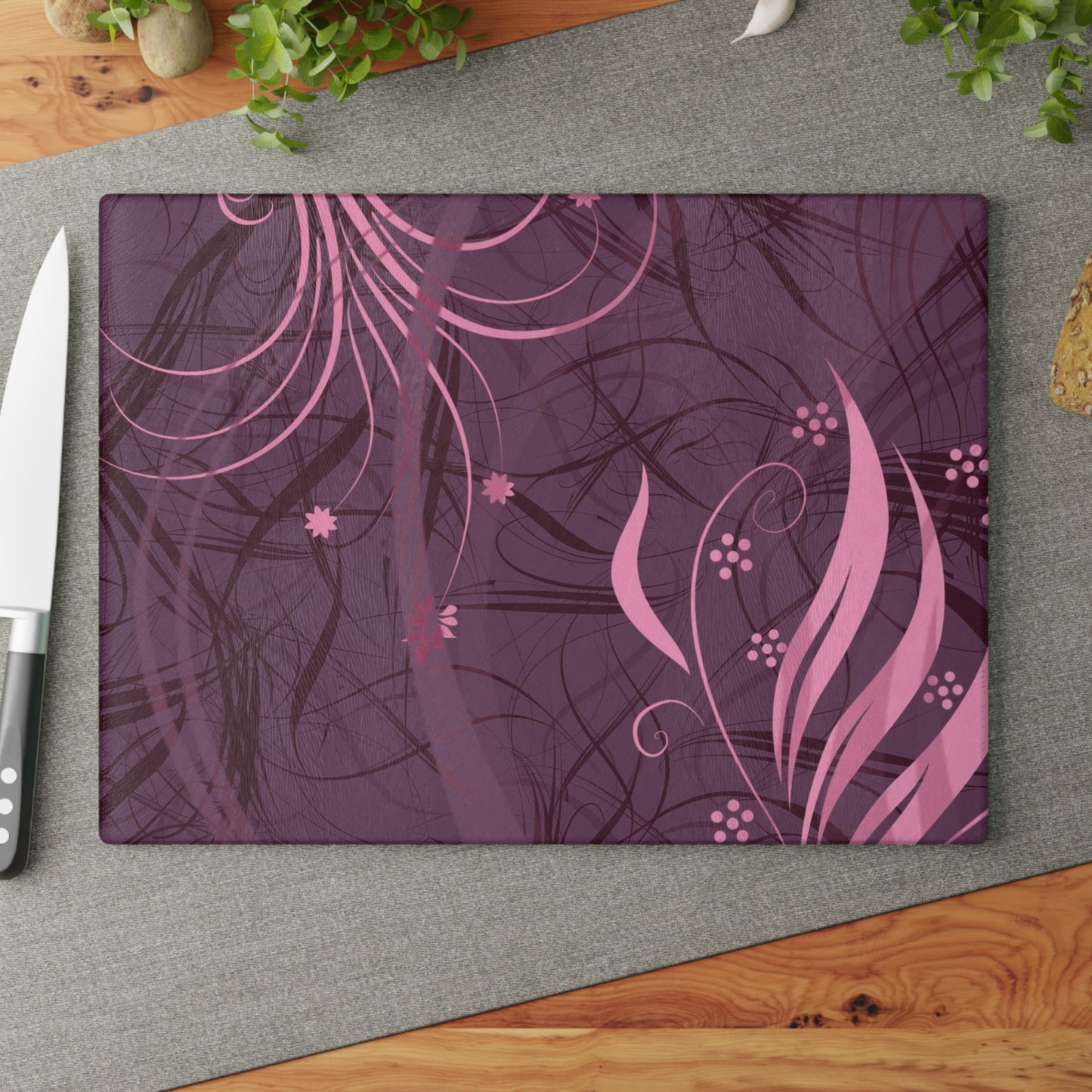 Glass Cutting Board — Pink Floral Swirl Design