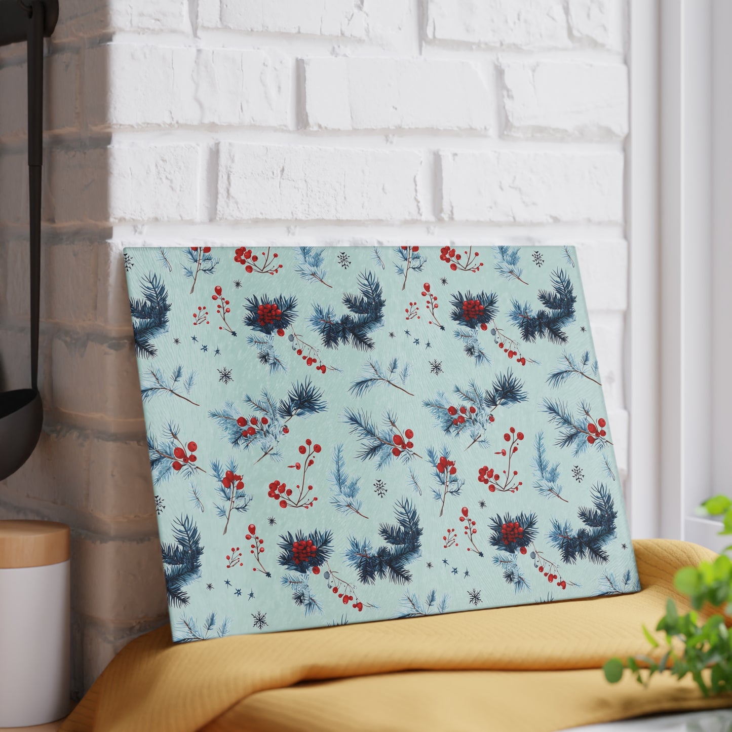 Winter Berries Glass Cutting Board — Festive Pine & Holly Kitchen Cutting Board