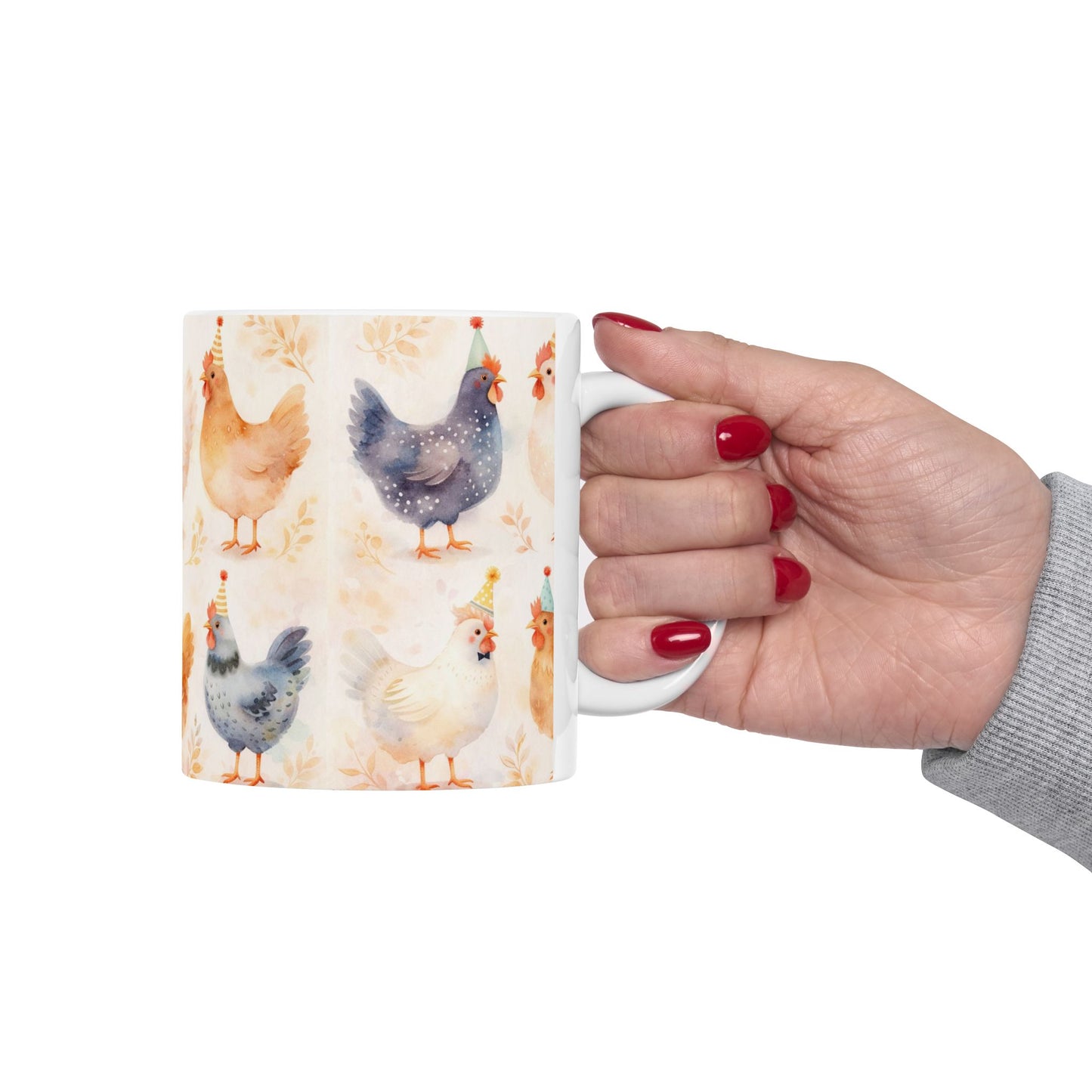 Cute Farm Chicken Mug — Watercolor Hens with Party Hats (11oz, 15oz)