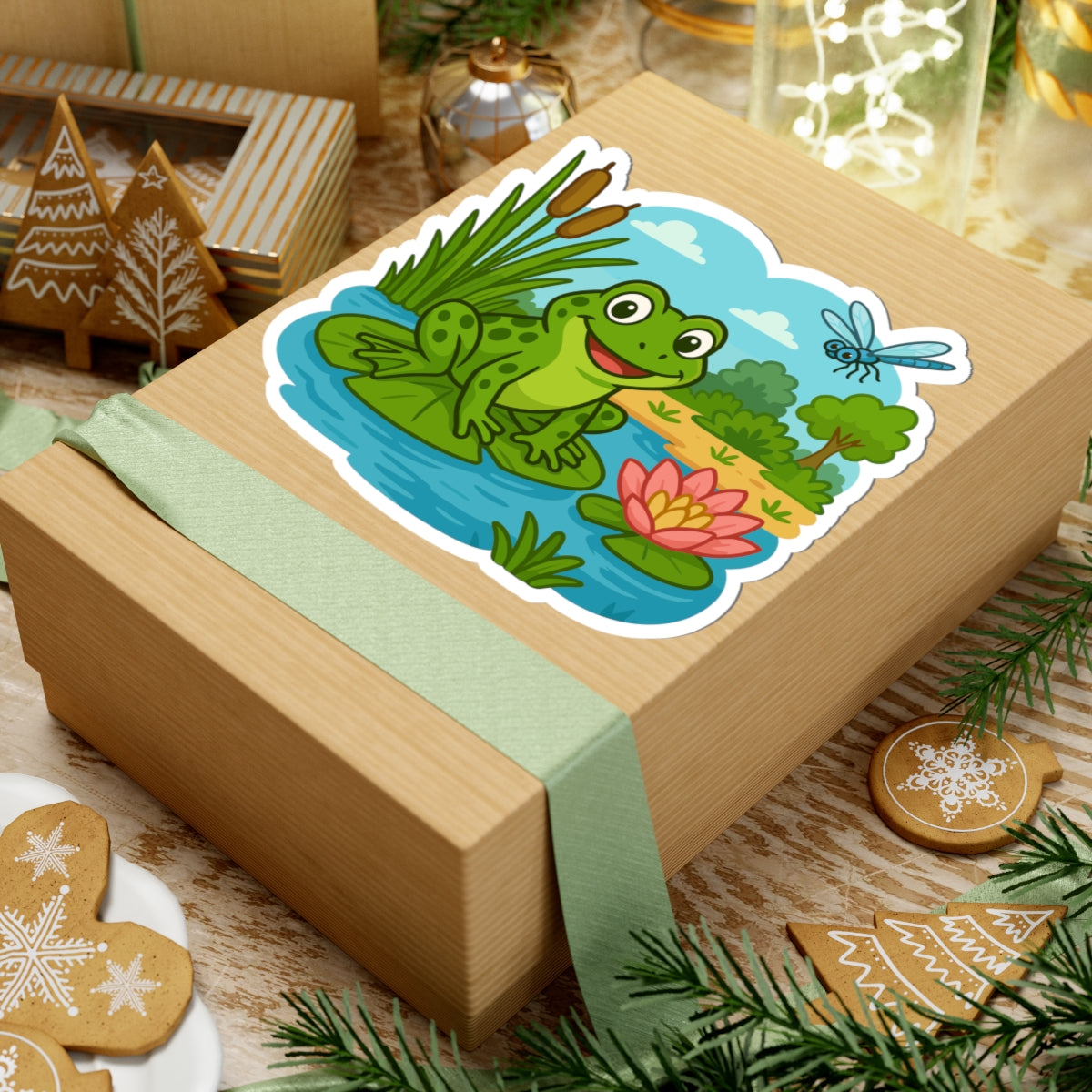 Frog Pond Kiss-Cut Sticker — Cute Lily Pad Frog & Dragonfly Decal