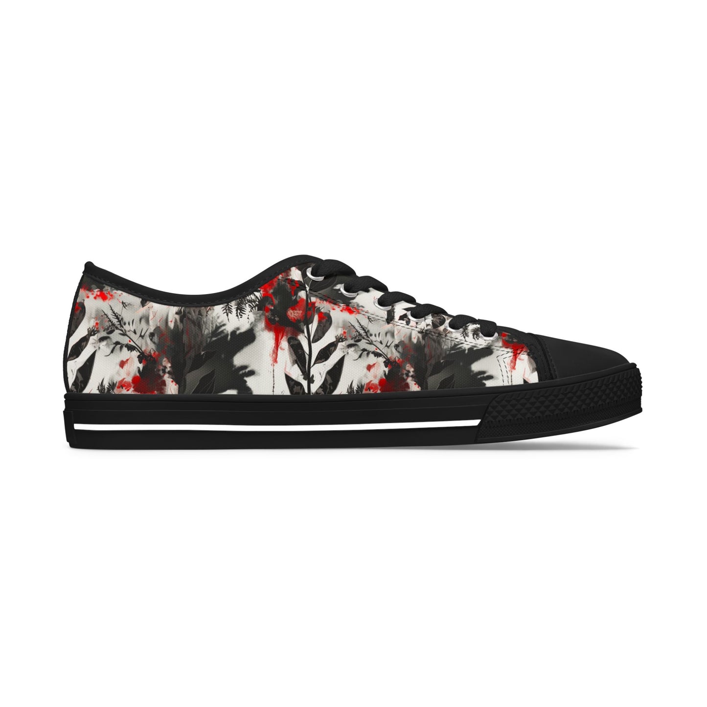 Floral Ink-Blend Low Top Sneakers — Artistic Black & Red Canvas Shoes