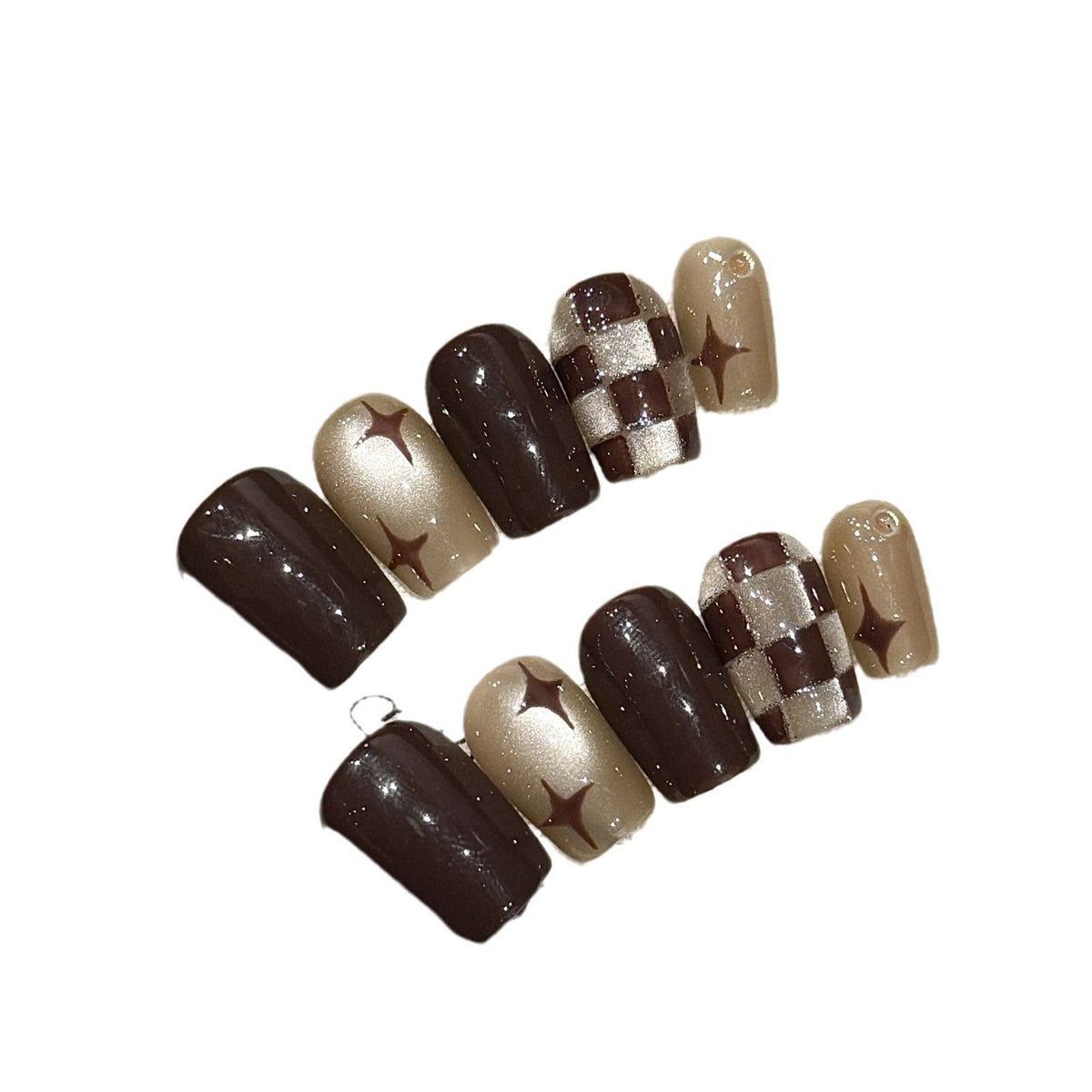 365nails: "Chocolate Starlight" – Hand-Painted Plaid & Starburst Handmade Short Square Nails – Image 4
