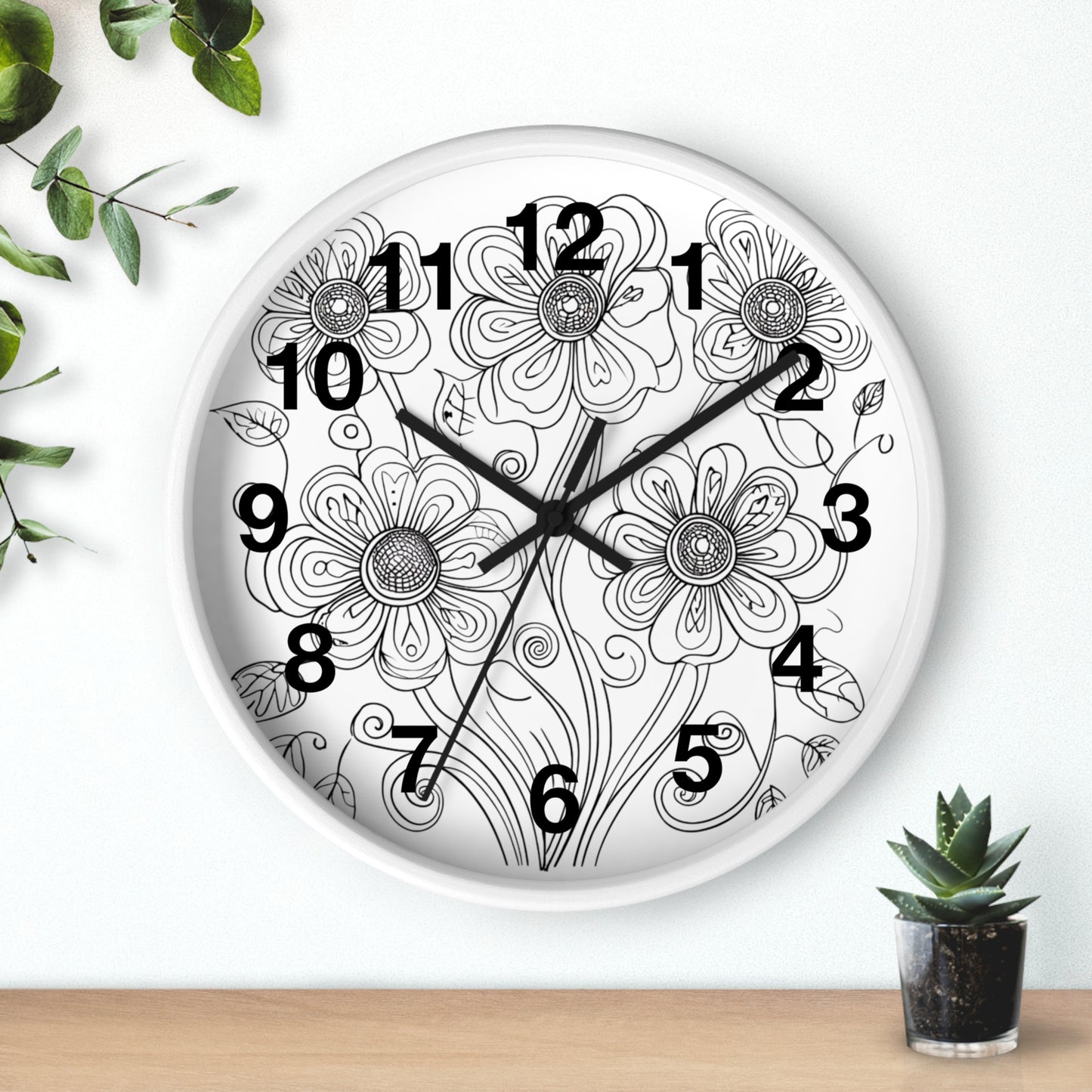 Floral Doodle Wall Clock — Black & White Hand-Drawn Flower Timepiece