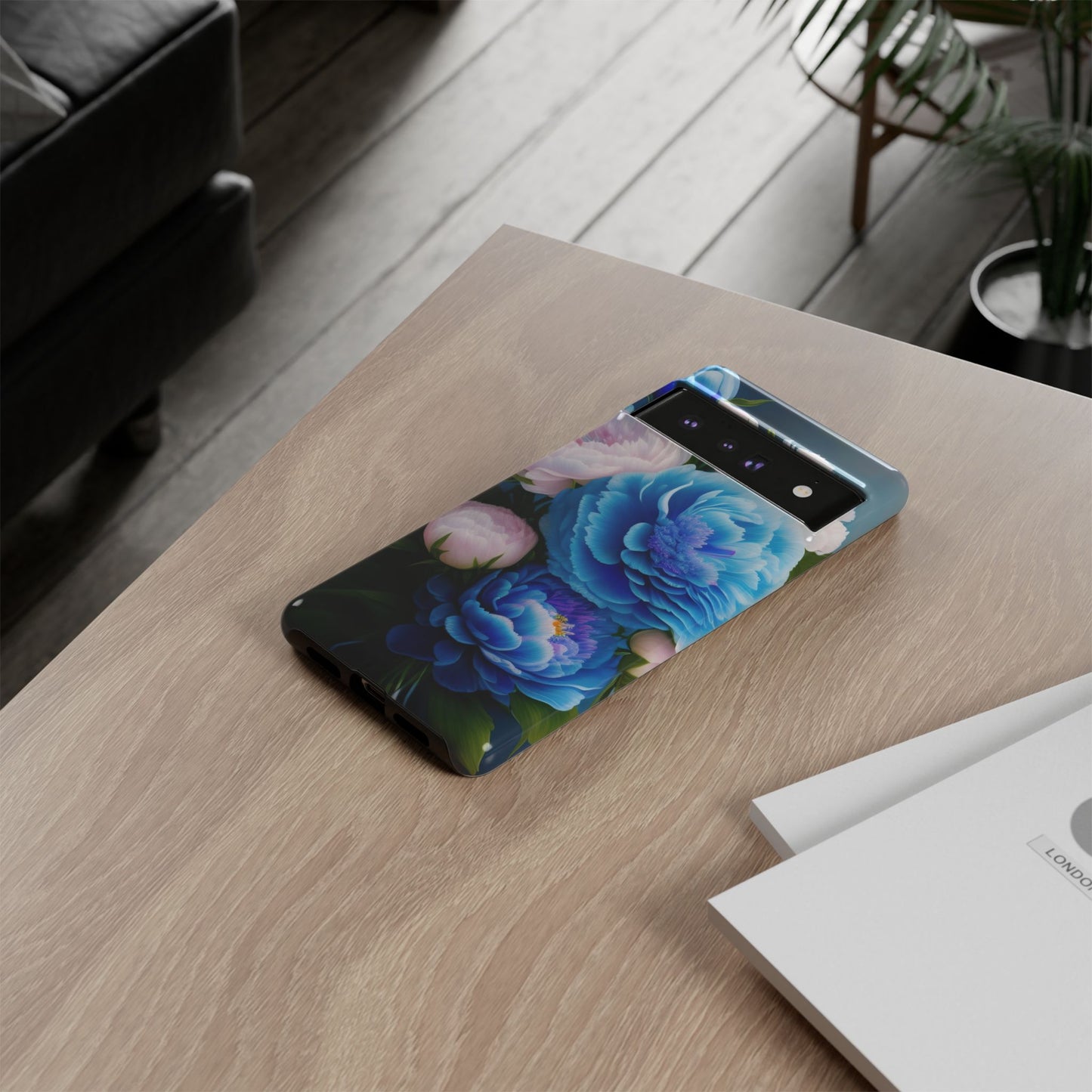 Floral Blue Peony Phone Case — Protective Tough Case with Pink & Blue Blooms