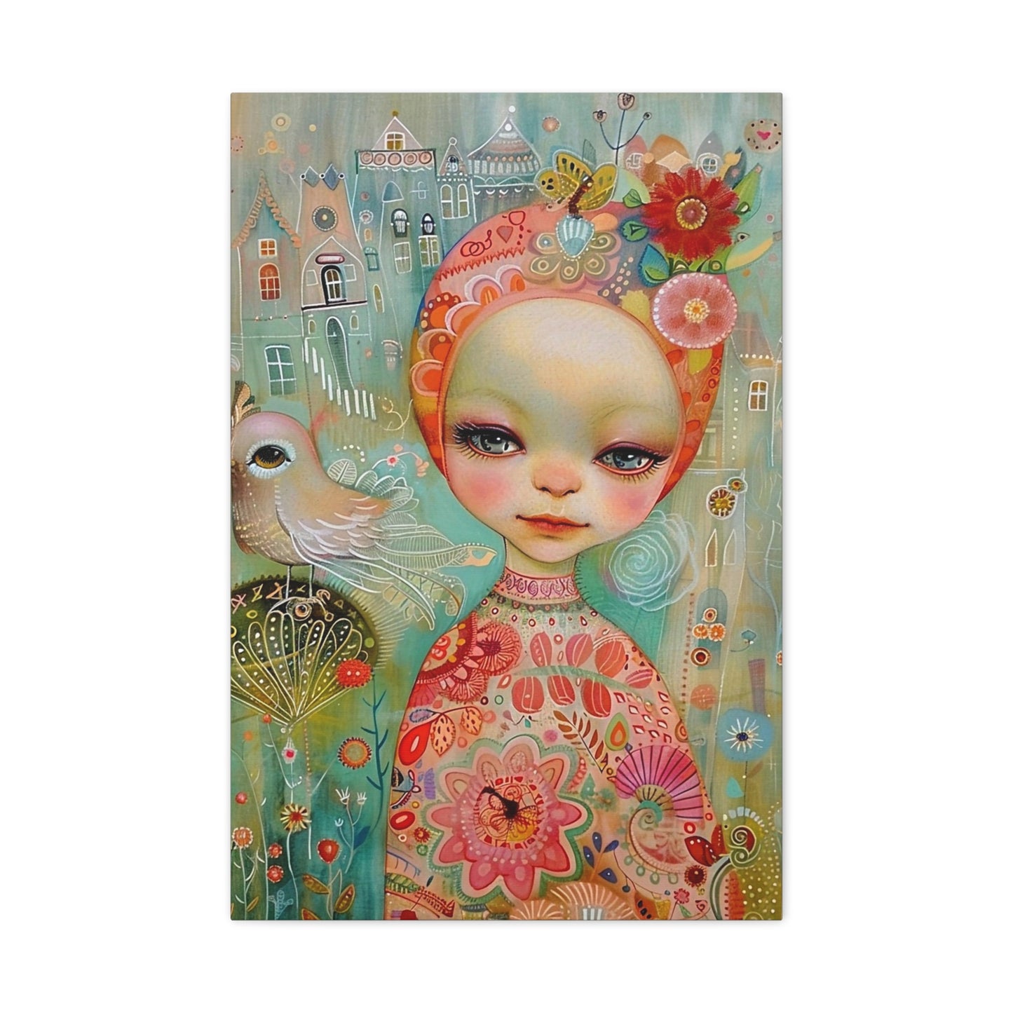 Whimsical Girl & Bird Matte Canvas Wall Art — Stretched Decorative Painting