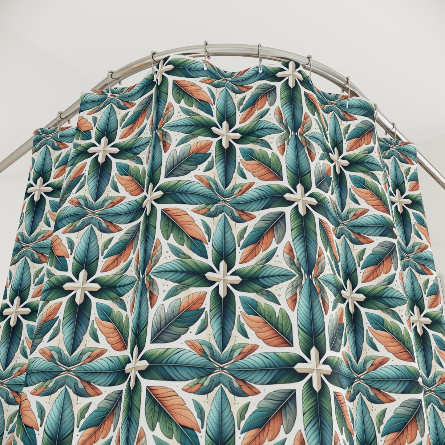 Bohemian Tile Pattern Shower Curtain — Teal & Terracotta Floral Geometric Bath Decor