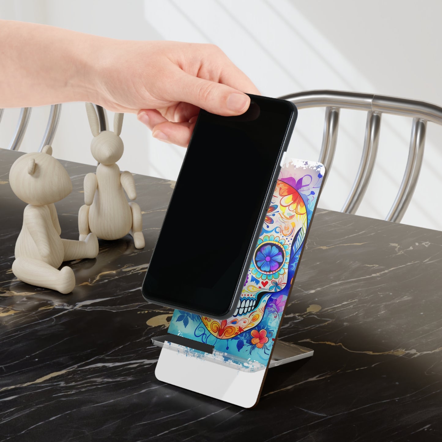 Day of the Dead Sugar Skull Phone Stand – Colorful Mobile Display Stand