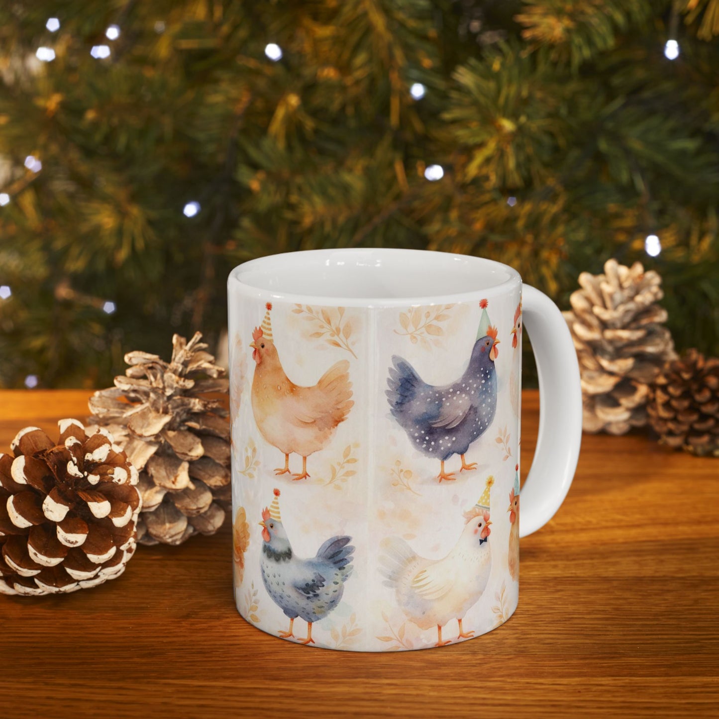 Cute Farm Chicken Mug — Watercolor Hens with Party Hats (11oz, 15oz)