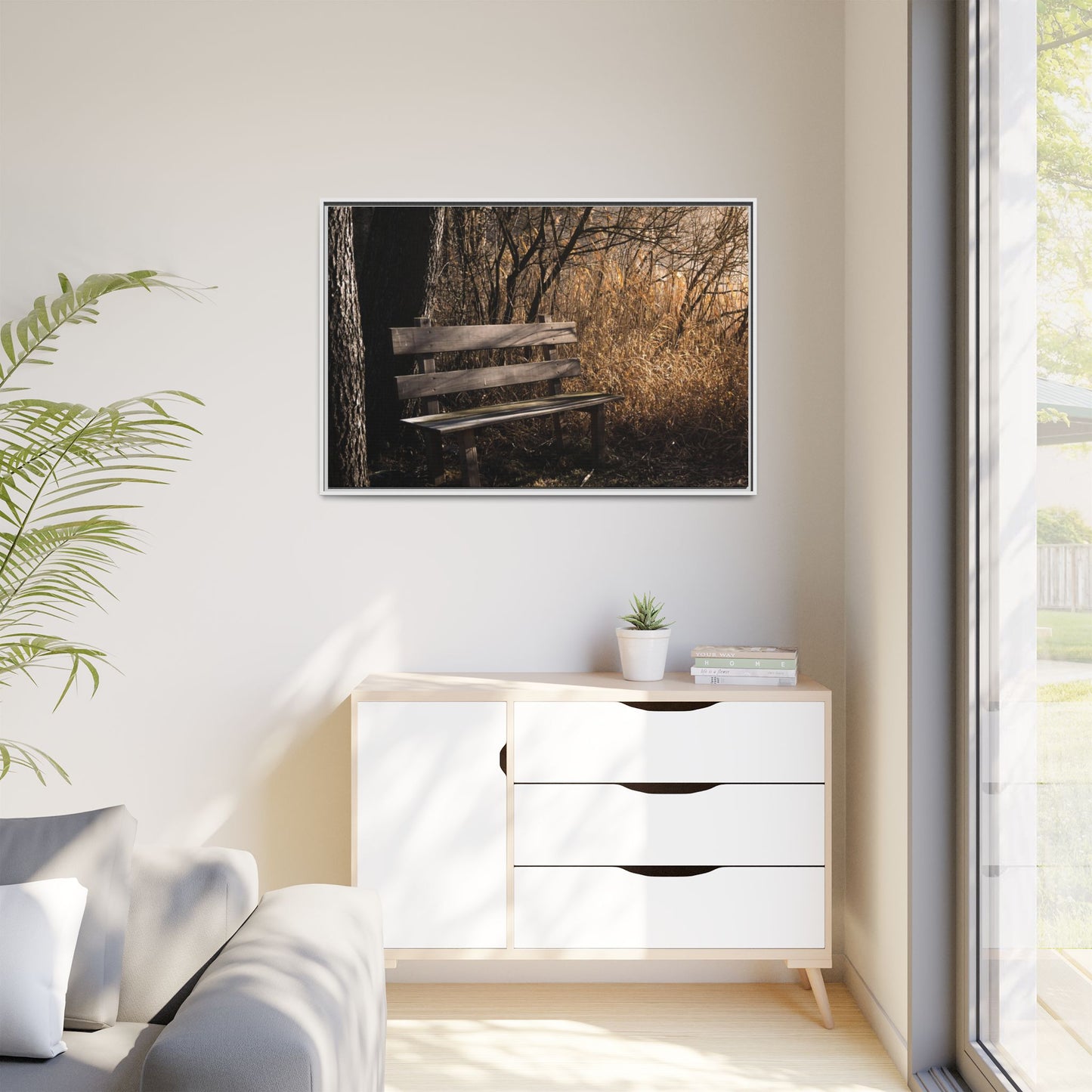 Framed Matte Canvas Print — Autumn Park Bench Photography