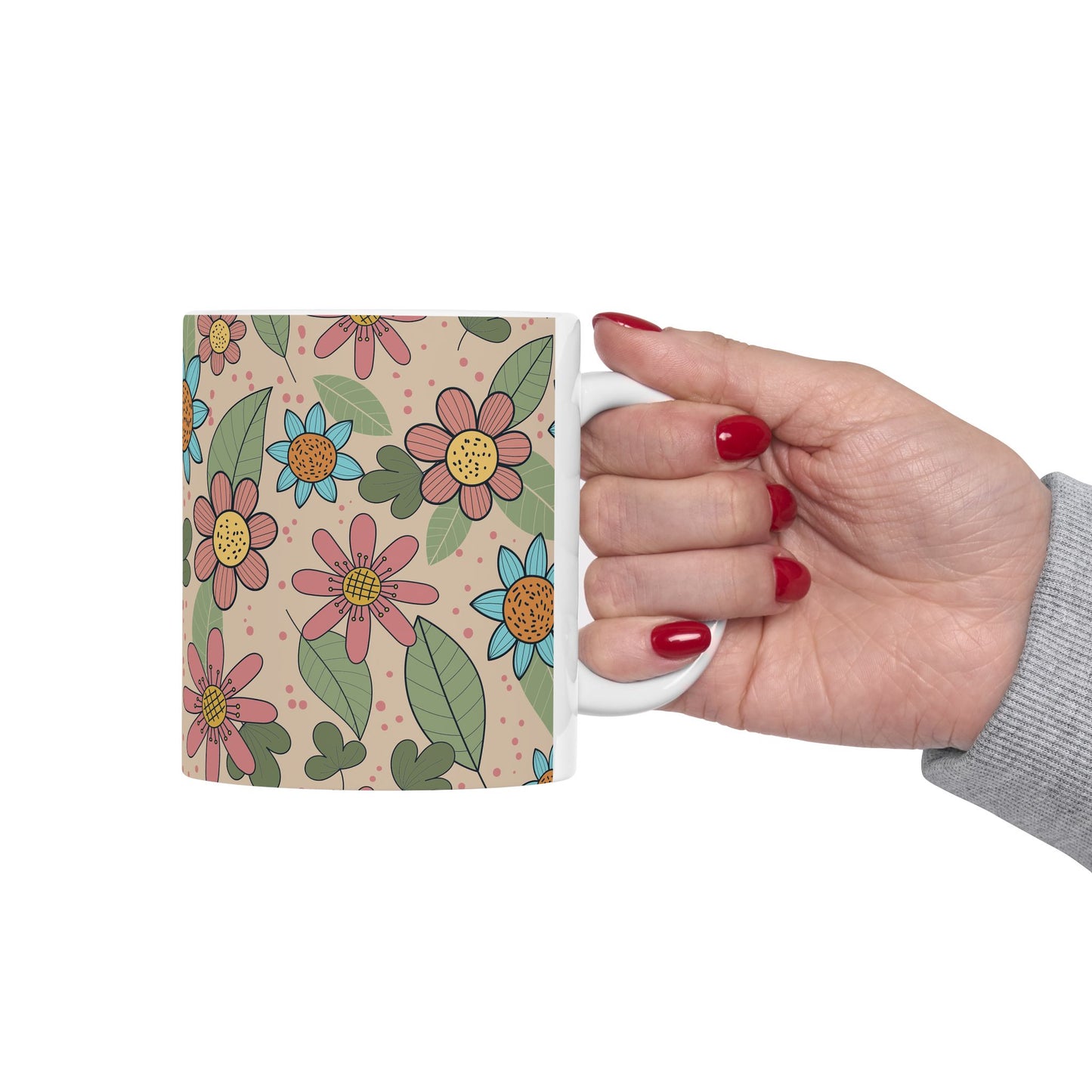 Floral Doodle Ceramic Mug – Retro Flower Pattern Coffee Cup (11oz & 15oz)