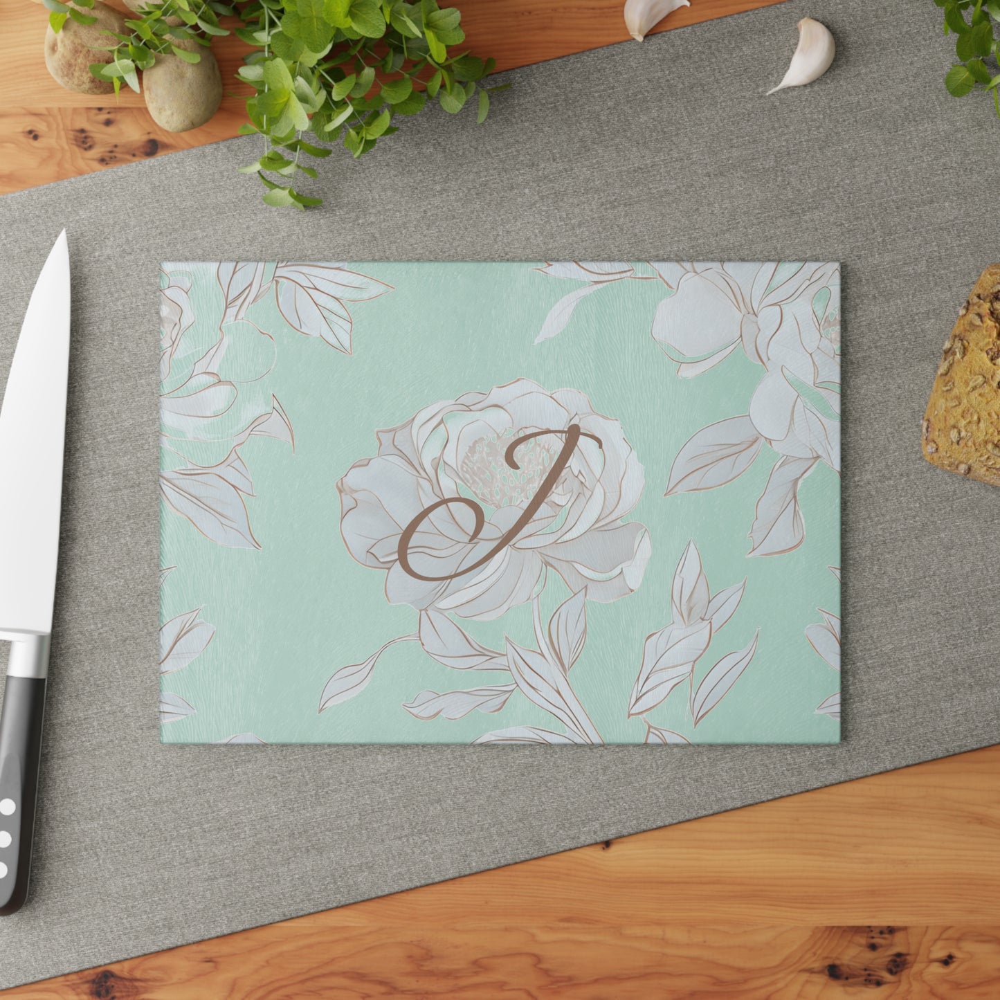 Personalized Floral Glass Cutting Board- Letter J