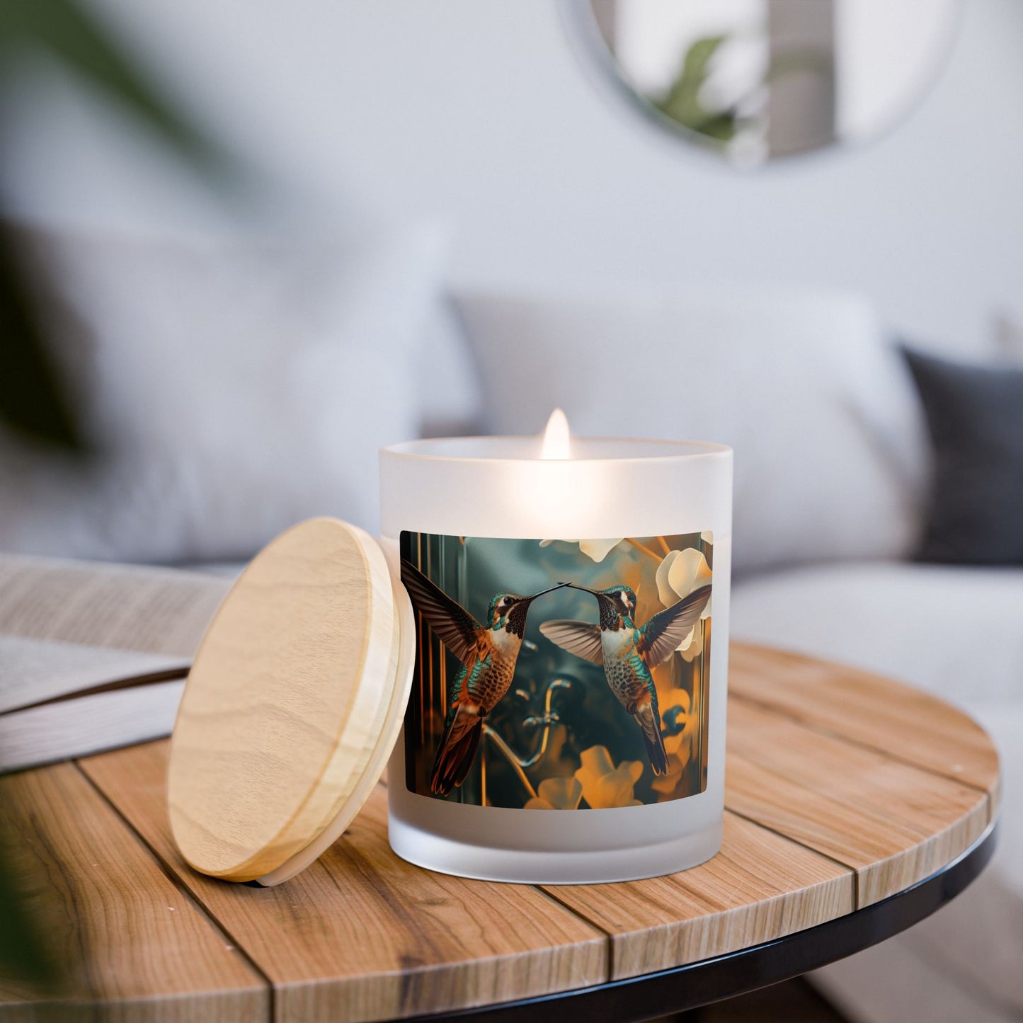 Hummingbird Duo Frosted Glass Candle — 11oz Decorative Scented Candle