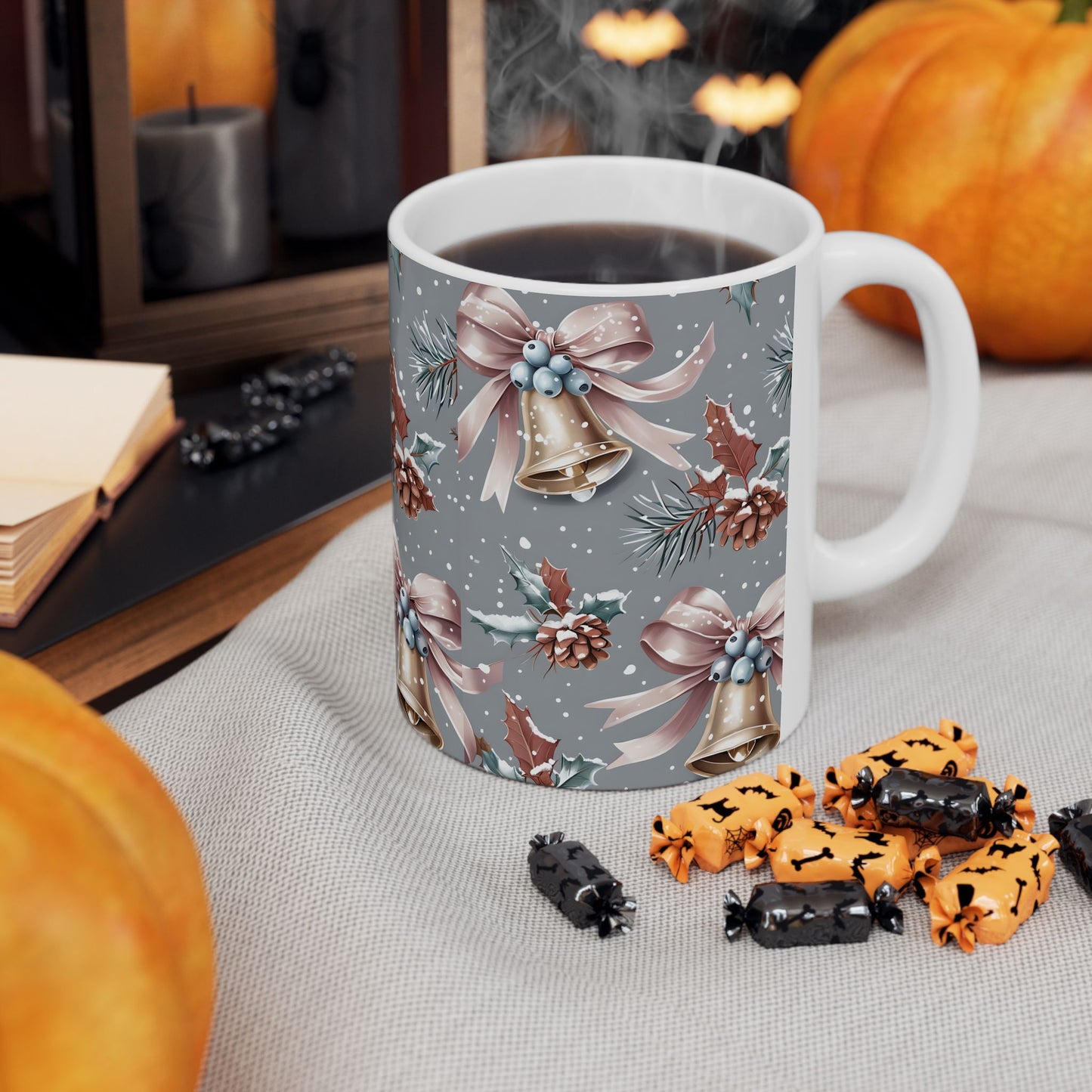 Festive Holiday Ceramic Mug, Christmas Gift, Winter Decor, Bell Design, Cozy Coffee Cup, Seasonal Beverage Container