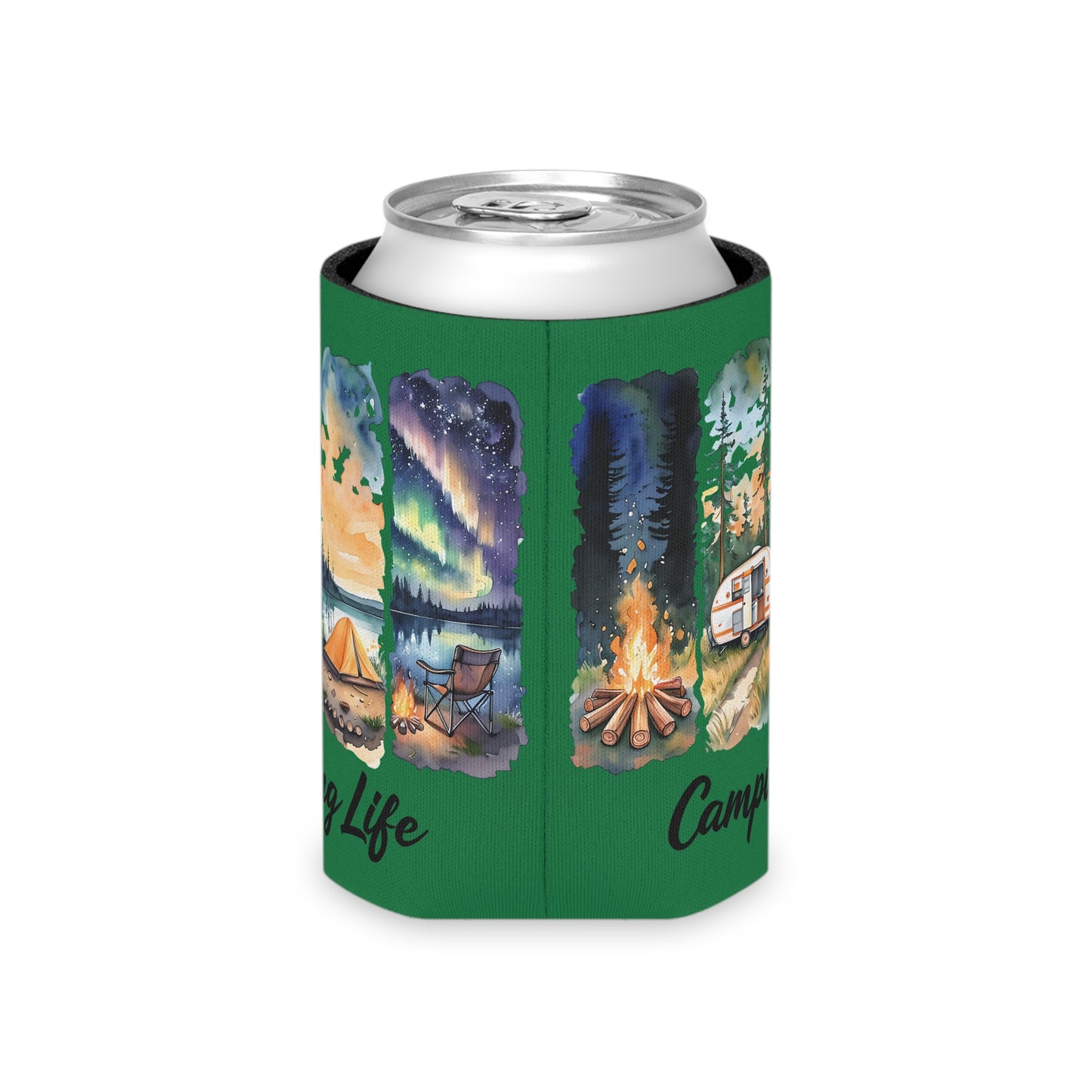 Camping Life Can Cooler – Insulated Beer Cooler with Campsite Watercolor Design
