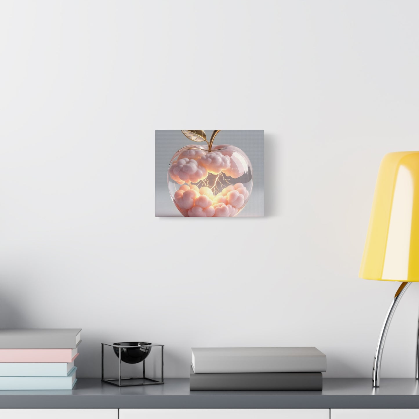 Surreal Glass Apple Canvas – Lightning & Pink Clouds Wall Art