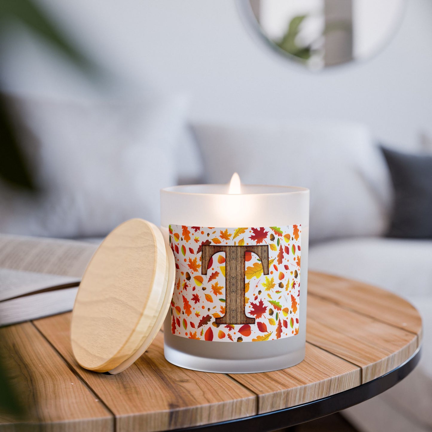 Autumn Leaves Monogram Candle — Frosted 11oz Soy Candle with Wood 'T' Initial