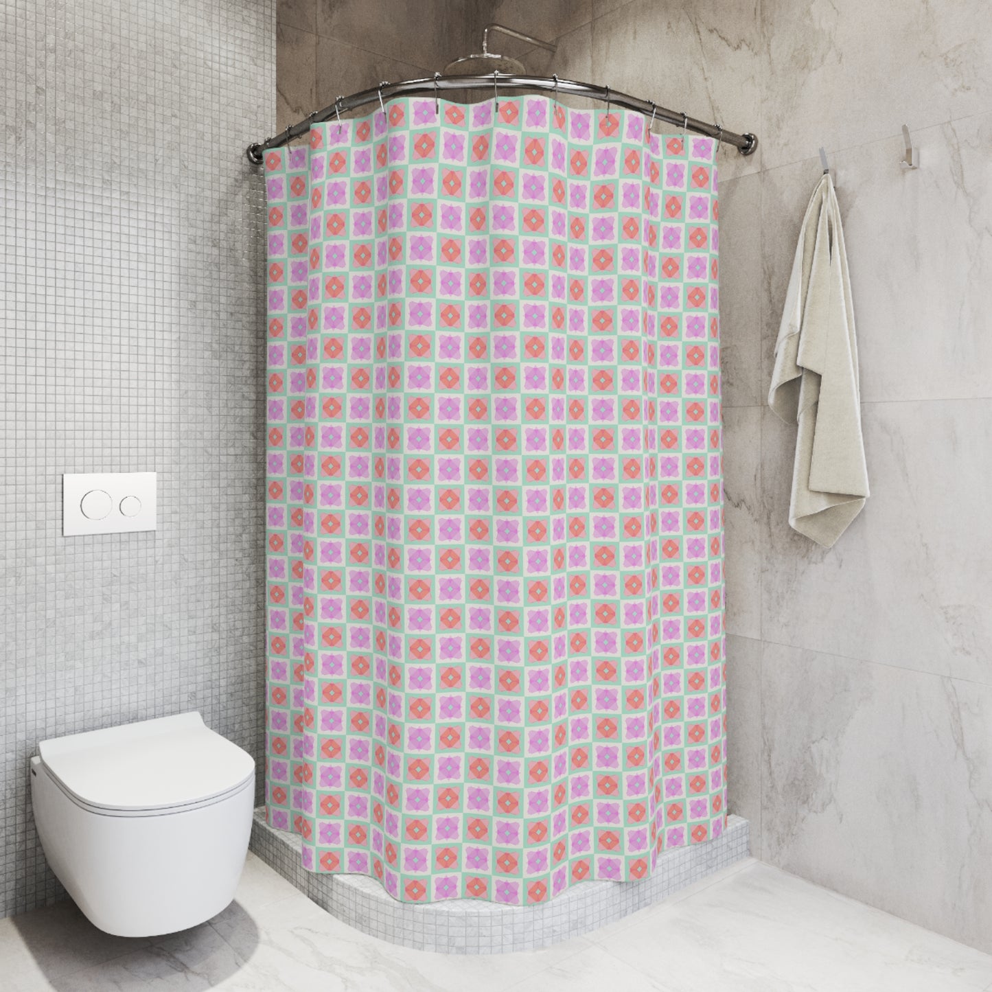 Floral Tile Shower Curtain — Pastel Pink & Mint Geometric Bathroom Decor