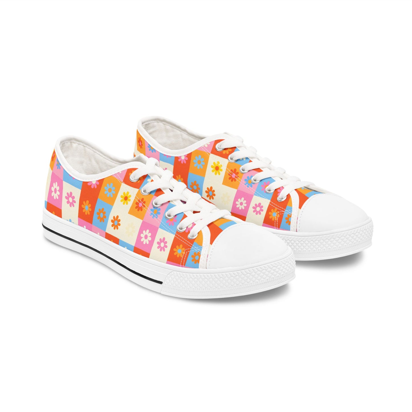 Floral Checkered Low Top Sneakers — Retro 60s-Inspired Casual Shoes