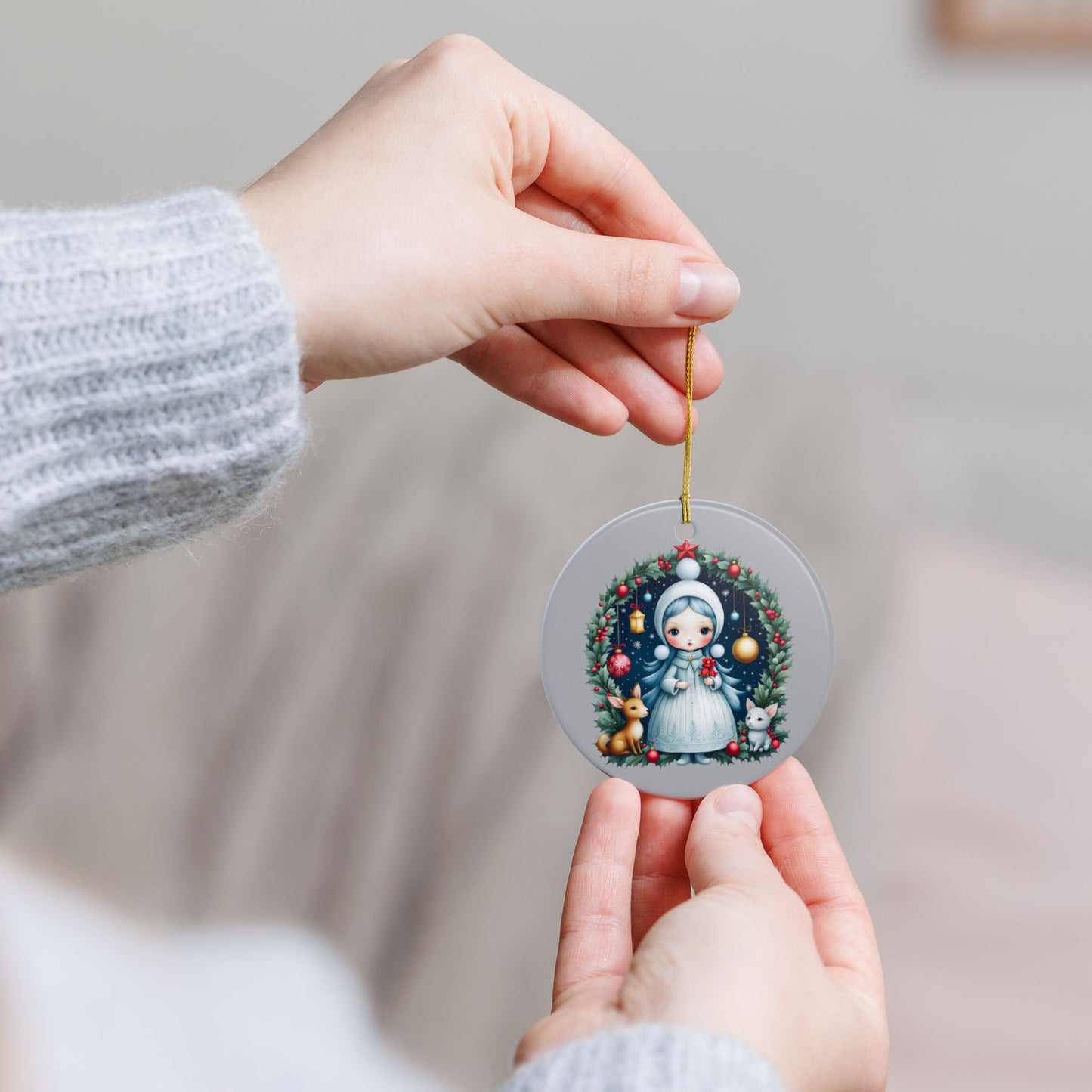 Snow Maiden Ceramic Christmas Ornament — Cute Winter Girl Wreath Design (2-Sided)