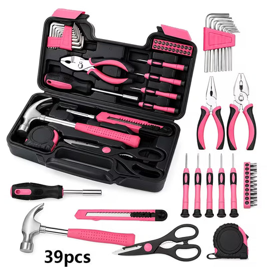 The 39pcs Pink Tool Kit is a versatile collection of hand tools perfect for any home or workshop.