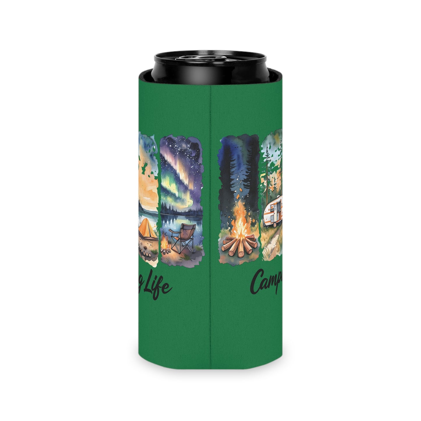 Camping Life Can Cooler – Insulated Beer Cooler with Campsite Watercolor Design