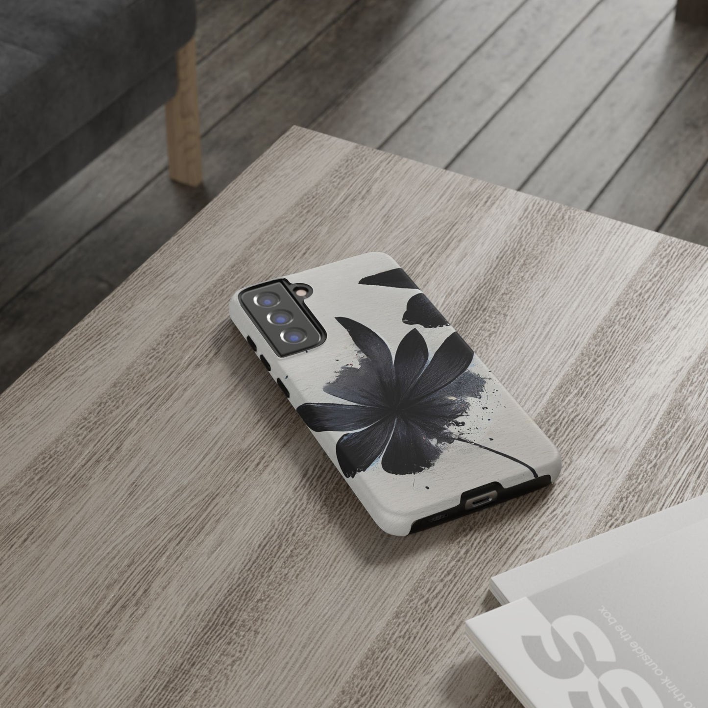 Monochrome Floral Tough Phone Case — Black Ink Flower Protective Cover