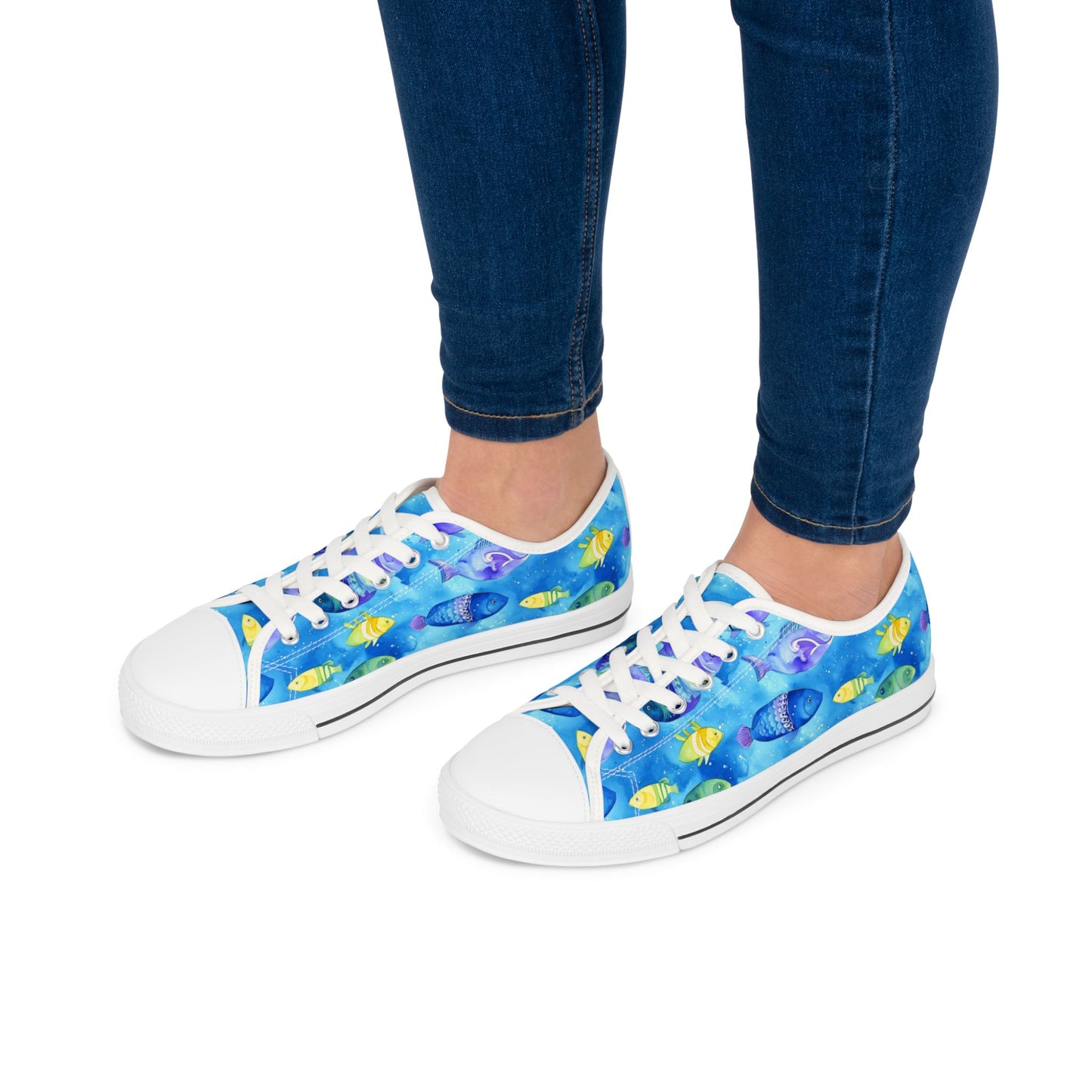 Low Top Sneakers — Blue Tropical Fish Print Canvas Shoes