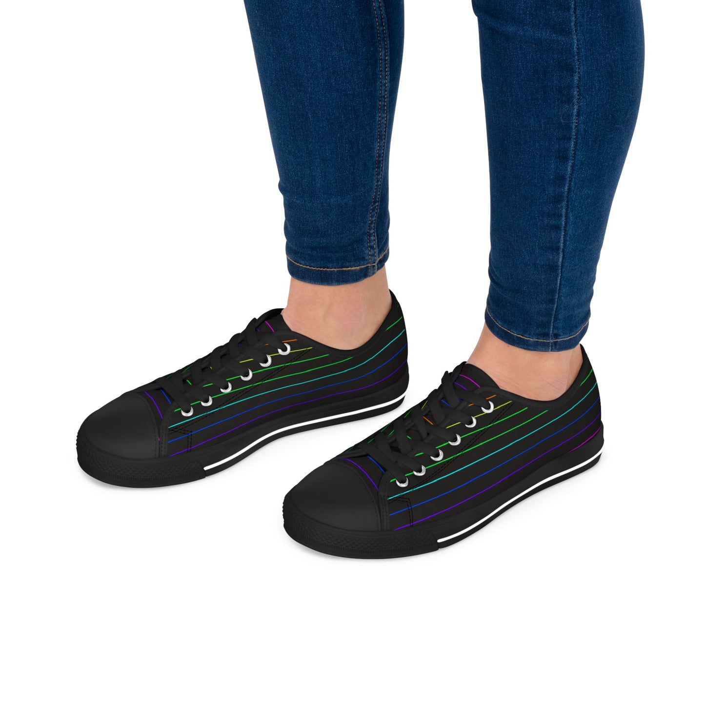 Low Top Sneakers — Black Retro Neon Stripe Casual Shoes for Women
