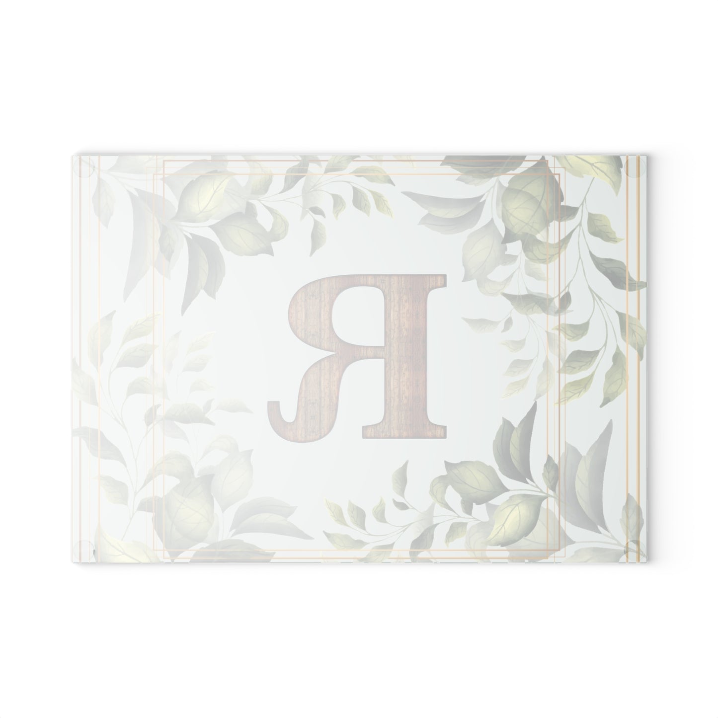 Monogram Glass Cutting Board — Rustic Wood “R” with Greenery Border