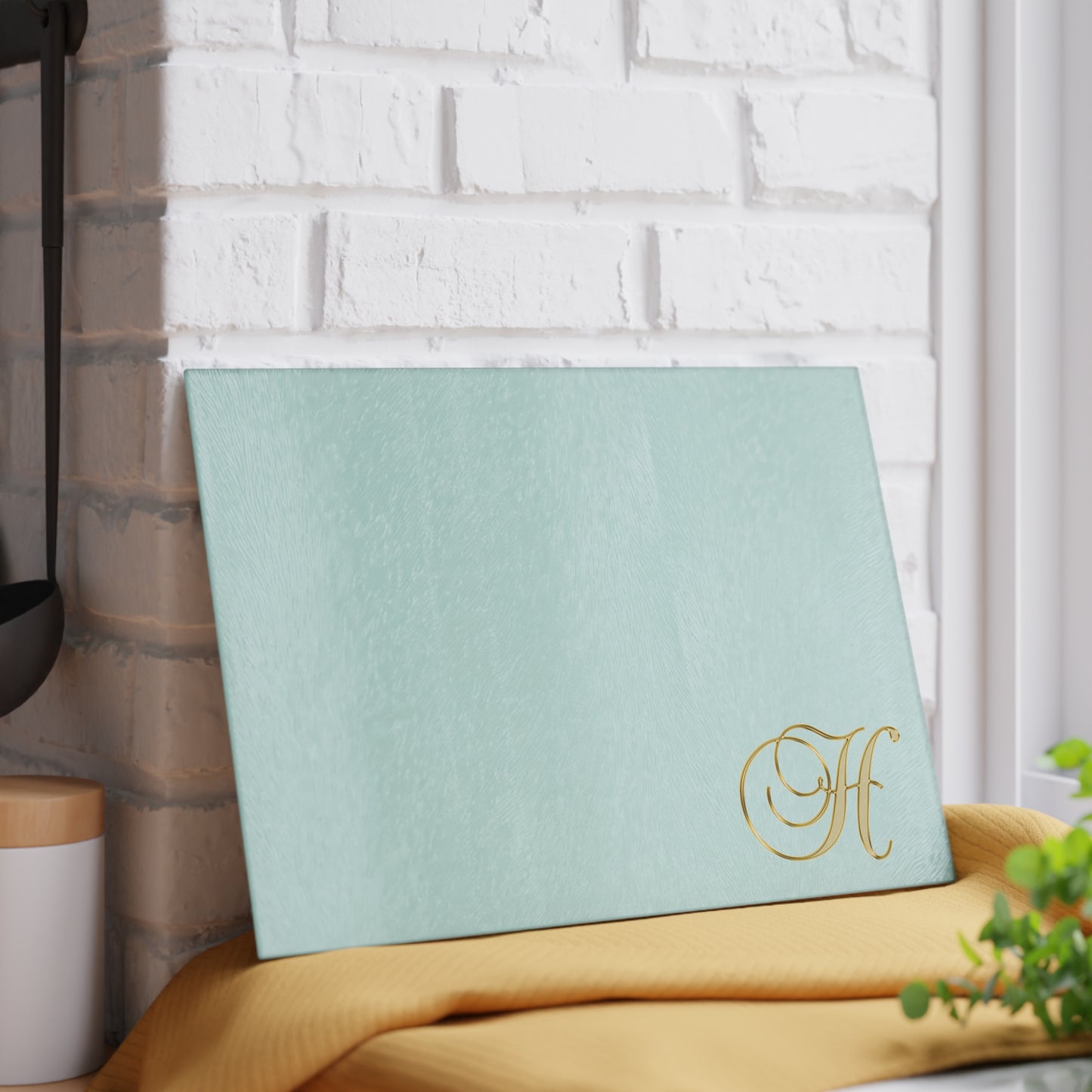 Monogram Glass Cutting Board — Mint with Gold Script "H"