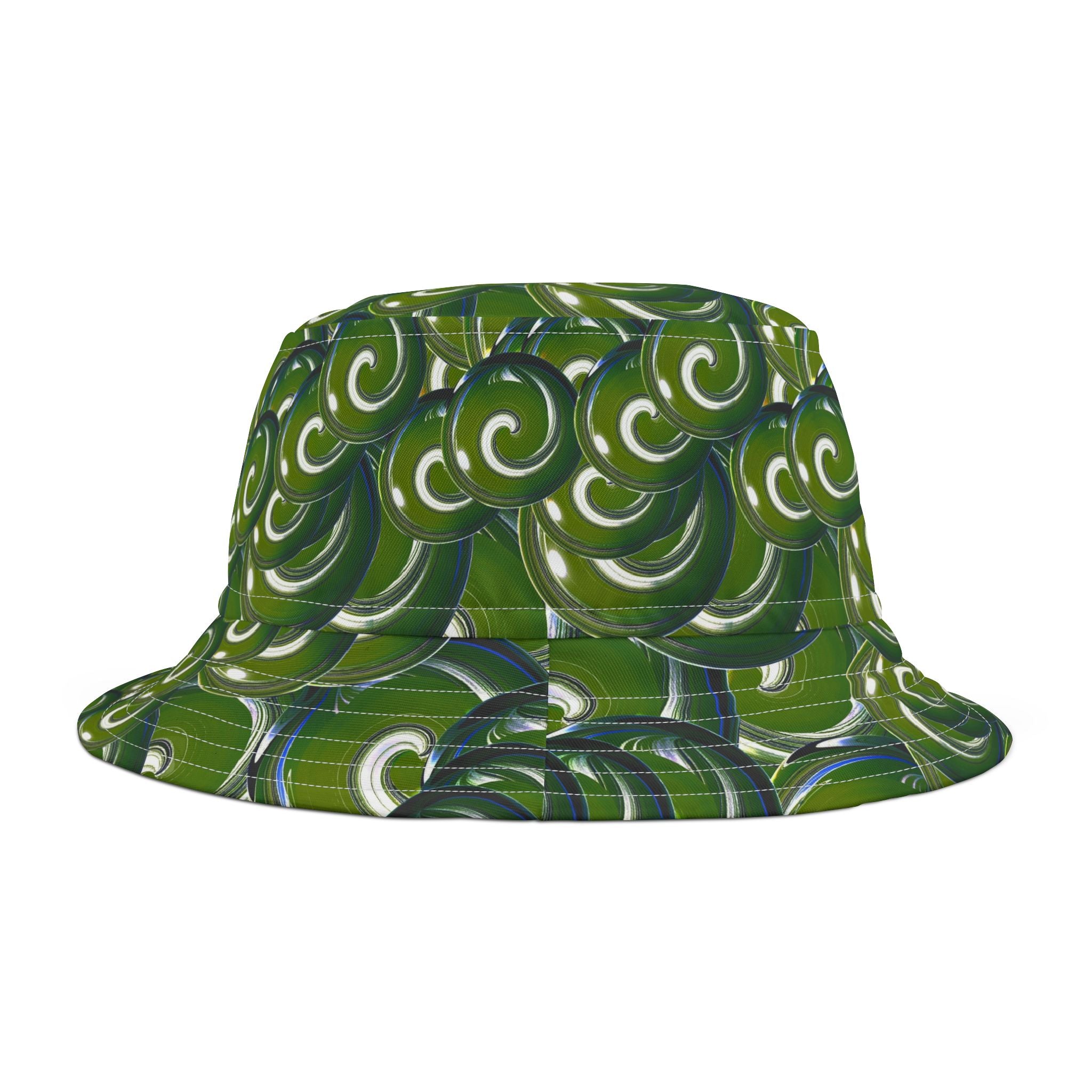 Green Swirl Pattern Bucket Hat – All-Over Print Casual Sun Hat