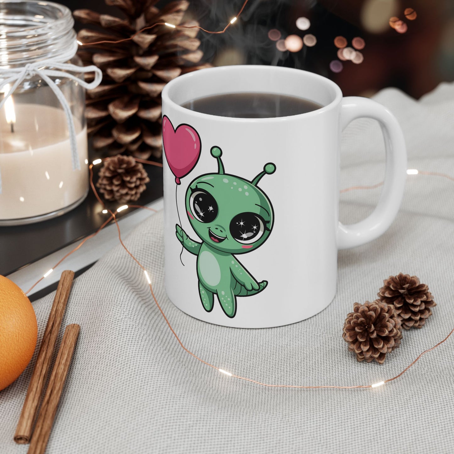 Cute Alien Holding Heart Balloon Ceramic Mug — 11oz & 15oz Gift Mug