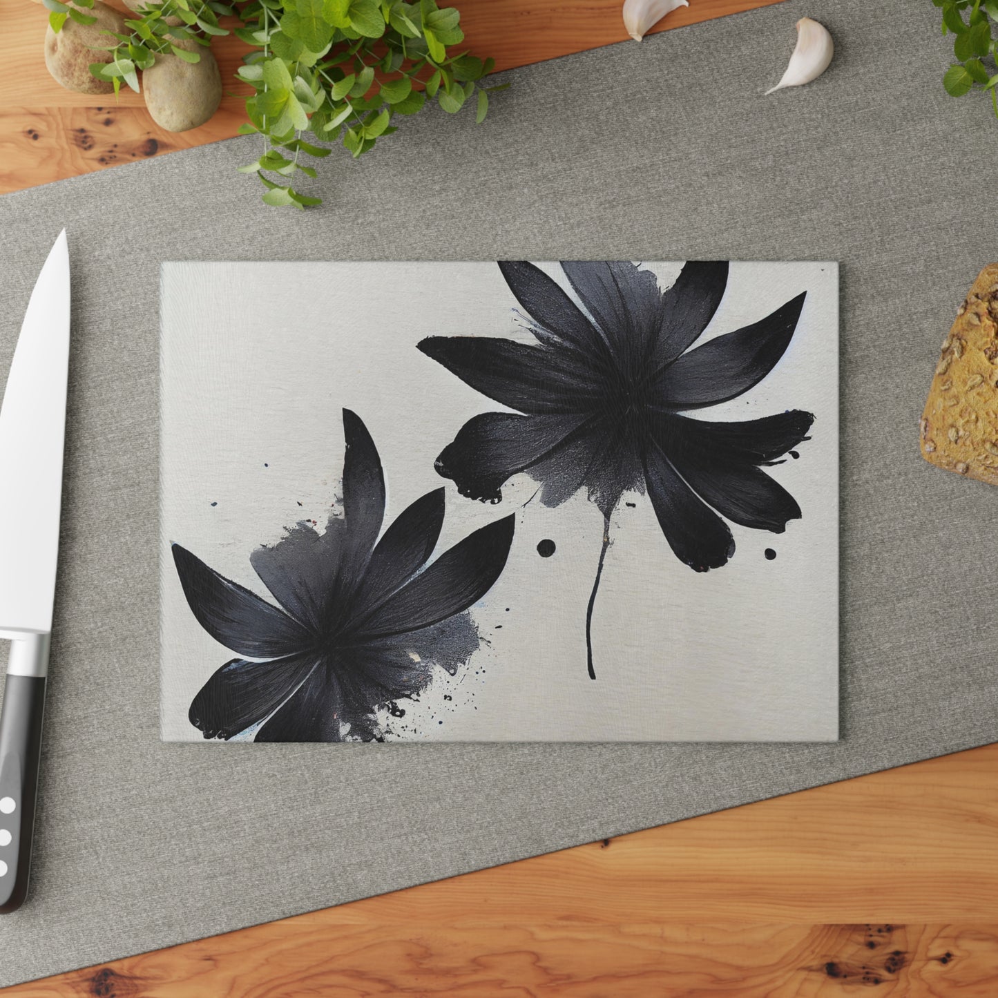 Glass Cutting Board — Black Floral Ink Splash Design